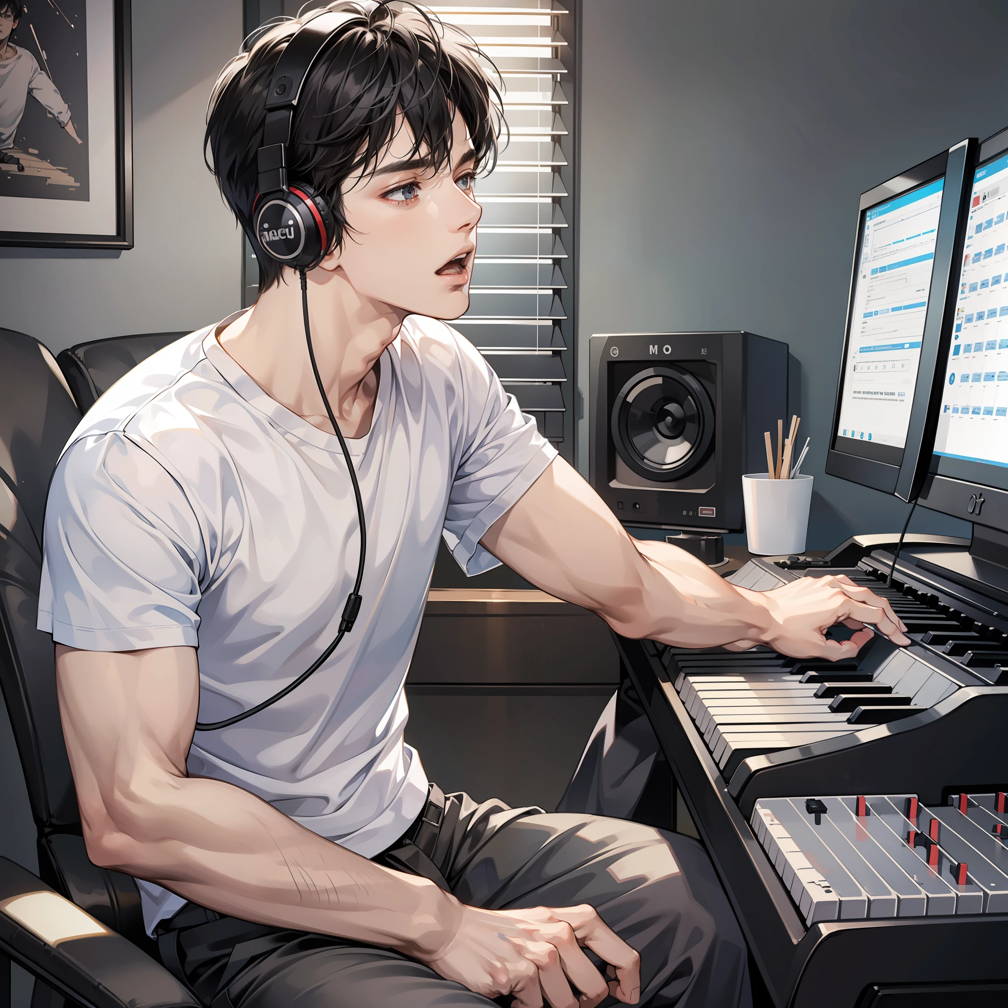 Masterpiece, high quality, best quality, HD, realistic, perfect lighting, detailed body, 1 man, short black hair, white t-shirt, serious expression, open mouth, singing, sitting playing piano, wearing headphones, facing the computer monitor, in the room waiting for the start