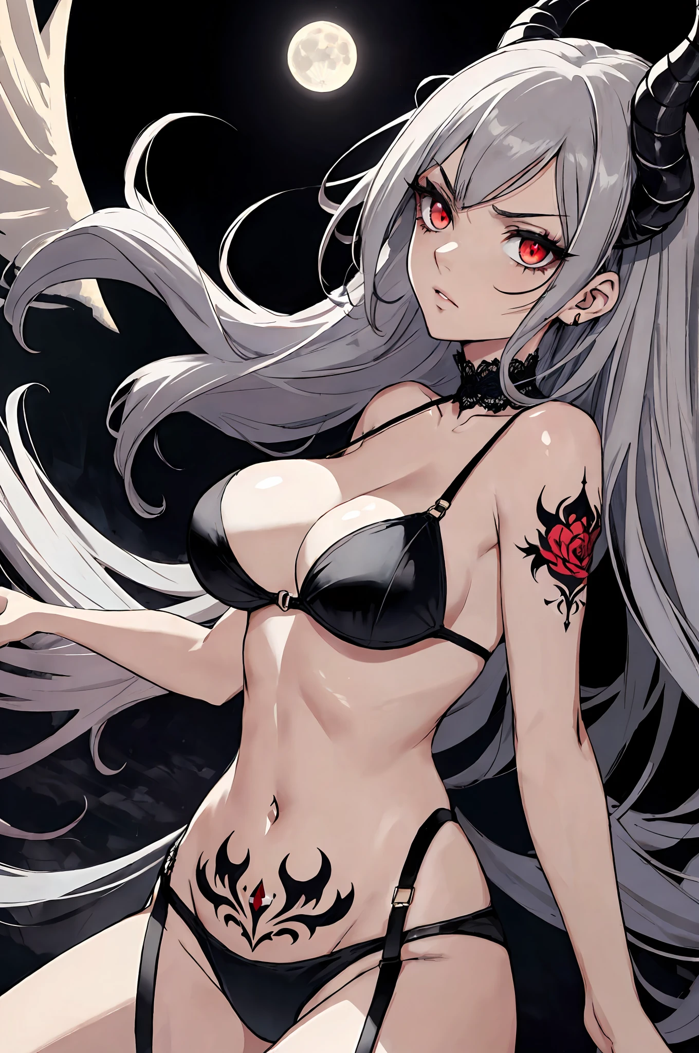 (Masterpiece, Top Quality, Best Quality, Official Art, Beautiful and Aesthetic: 1.2), (1 Girl: 1.2),Break,Solo , Princess, Devilish Beautiful Girl,Gray Hair, Break, Horned, Big Eyes, Beautiful Detailed Eyes, Red Eyes, Angry Eyes, Long Lashes, Tattoos on Chest, Cut on Right Cheek, Bleeding, Break, Floating,, Break, High Saturation, Break,,Simple, black bikini, garter belt, break, background, monochrome, moon, demon world, break, upper body, focus, break,