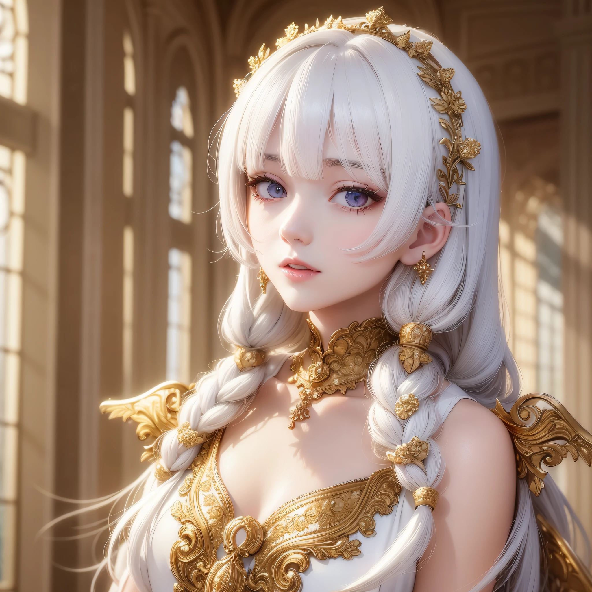 best quality, masterpiece,white hair, gold eyes,white clothes, looking up, upper body,hair strand,Fair skin,side braids