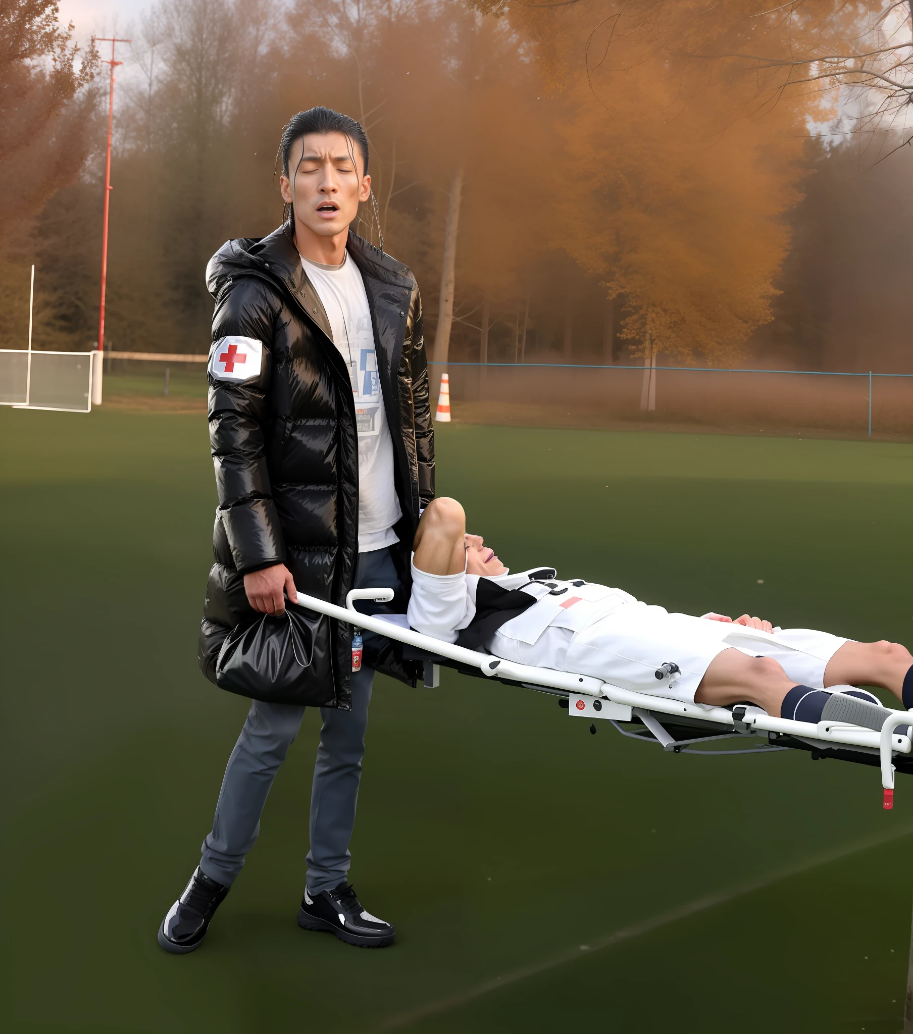 there is a sportsman in white shorts and a white t-shirt lying injured on a stretcher, there is an injured sportsman who is covering his face on a stretcher, an injured sportsman is covering his face with his hands, an injured sportsman is writhing in ecstasy on a stretcher, dramatic pity pose, there is a latino woman in a high-shine puffy coat, a high-shine black down coat, a long black moncler coat, a wetlook down coat, a wet black aquered coat, a latino wife is wearing a wetlook black uniform, injured, medic, laura sava, anna nikonova, very professional, by Dietmar Damerau, alexandra fomina, soccer action pose, affection pose, lecherous action pose, dramatic action pose, theatralic pose, there is an attractive woman that is carrying a skinny man, there is a beautiful woman in a shiny coat who is carrying a blond man in her arms, a longhaired beautiful woman in a high-shine black puffy coat, a longhaired woman in a shiny downcoat, a woman is carrying a shorthaired man who is wearing shorts and a t-shirt, a weak man in spots shorts is consciousless and needs to be carried, a shorthaired man with closed eyes is carried in the arms of a longhaired woman, a woman looks very scared and terrified, a consciousless man with closed eyes is suffering very much and has a very painful face, photo, photo shoot, photographed , accident, help, aid, first aid, pity, Sofya Emelenko