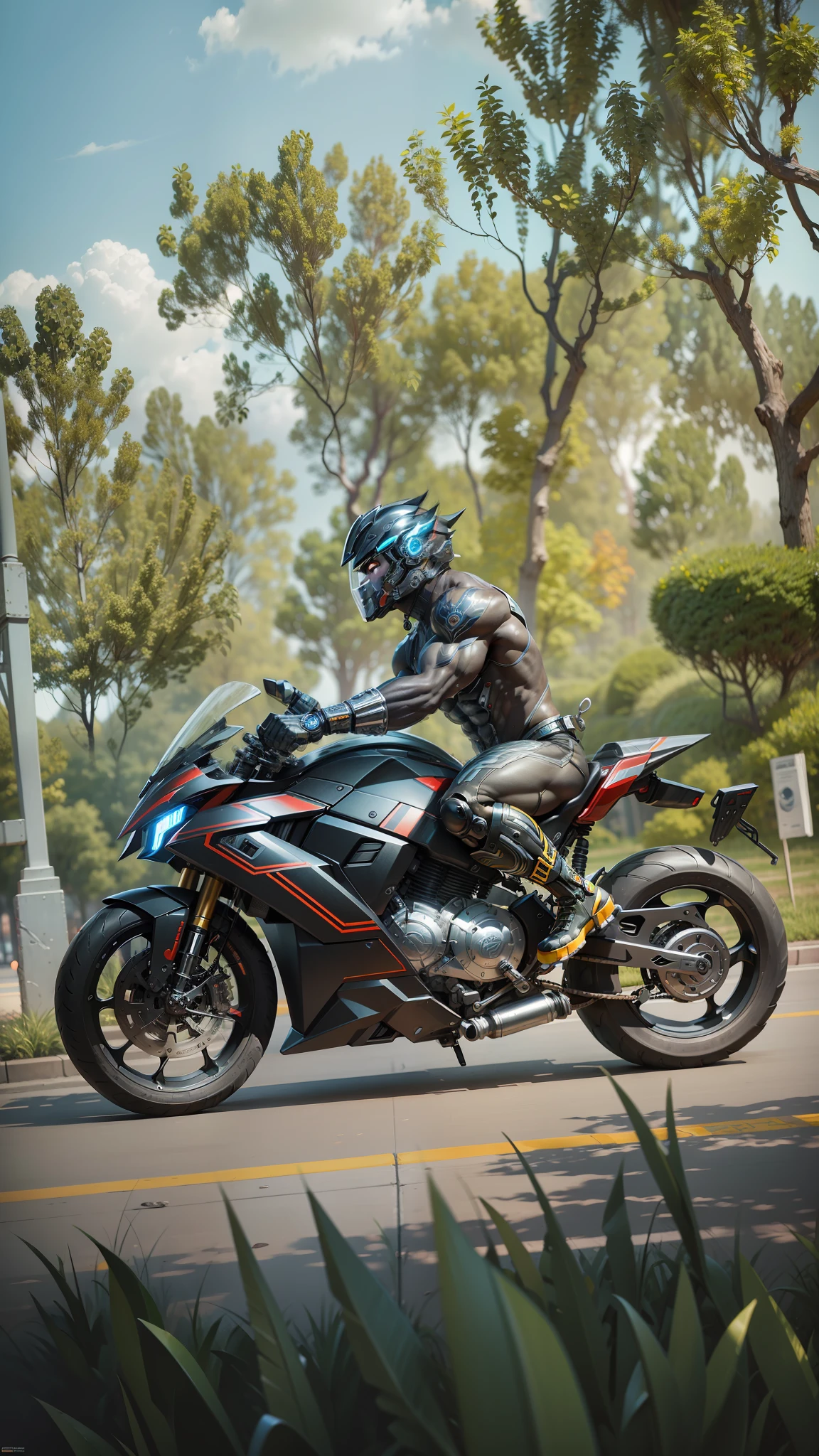 Cyber Male Warrior and Cyber Tech Mechanical Motorcycle, Mighty Muscle Male Warrior, Nousr, Biomechanics, MSHN Robot Man, Cyber Tech Full Surround Helmet, Surreal, Steel, Intricate Design, Crazy Detail, Fine Detail, Extremely Clear Lines, Cinematic Lighting, Photo Realistic, Detailed Masterpiece