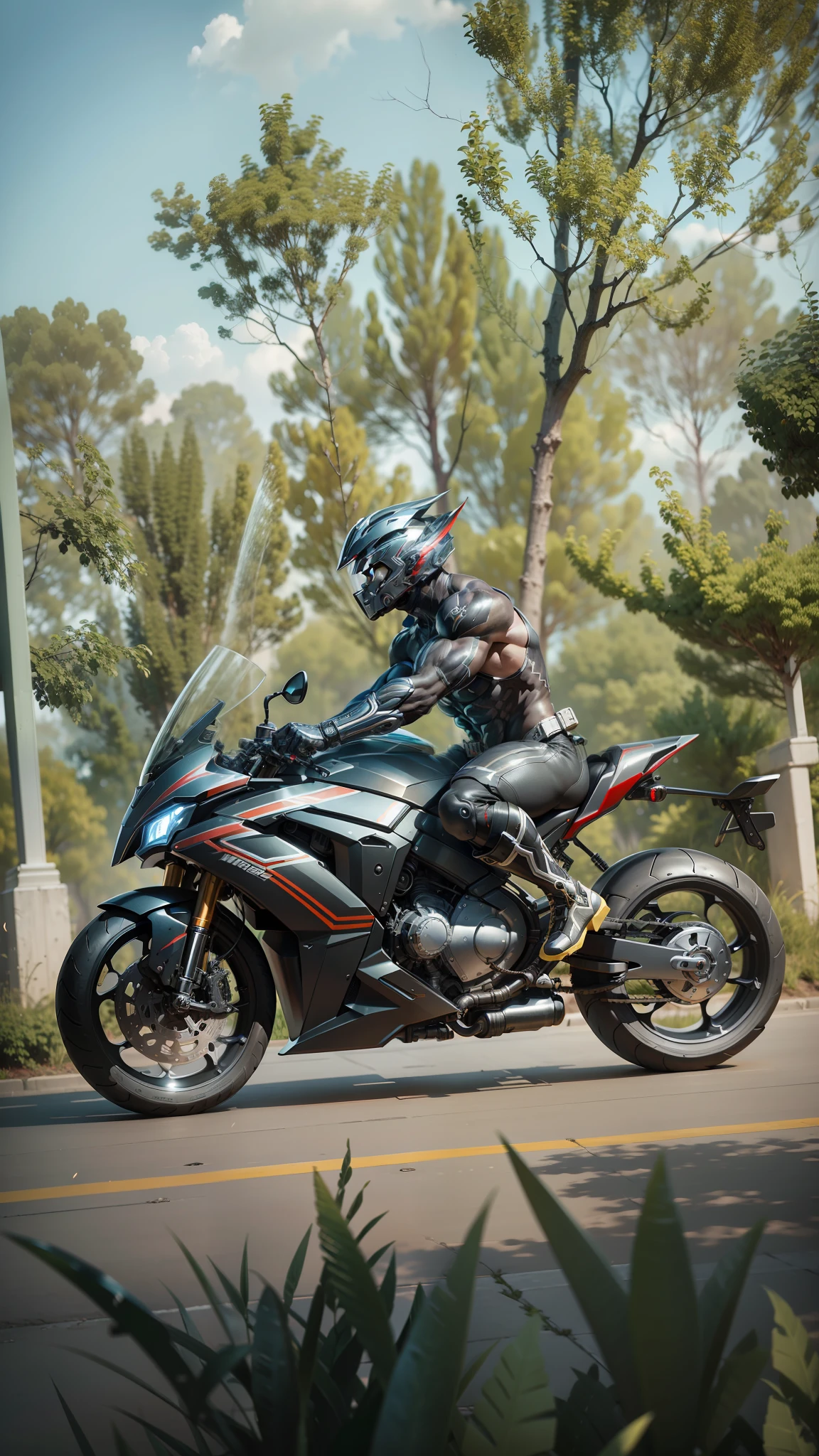 Cyber Male Warrior and Cyber Tech Mechanical Motorcycle, Mighty Muscle Male Warrior, Nousr, Biomechanics, MSHN Robot Man, Cyber Tech Full Surround Helmet, Surreal, Steel, Intricate Design, Crazy Detail, Fine Detail, Extremely Clear Lines, Cinematic Lighting, Photo Realistic, Detailed Masterpiece