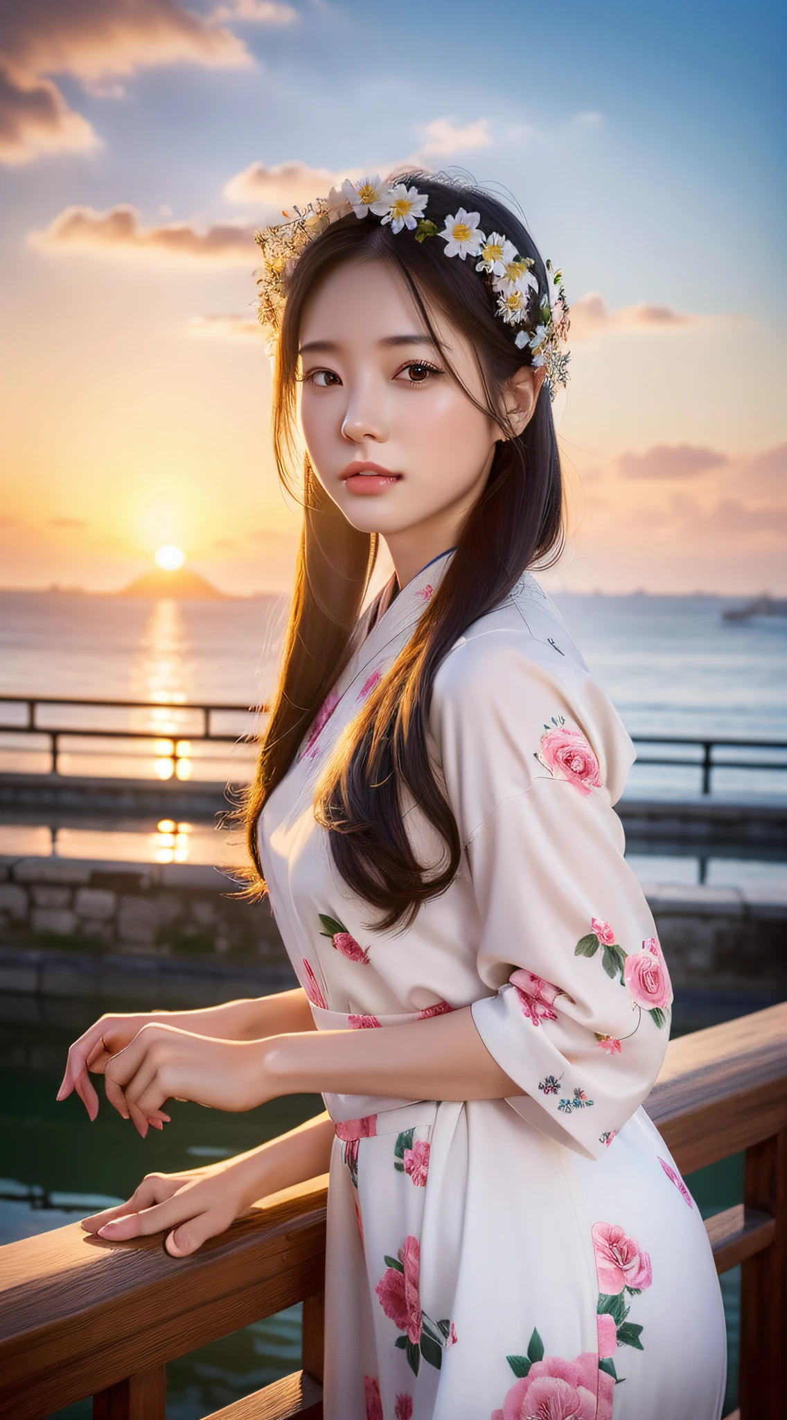 A girl with flowers in her hair, chinese girl, asian, seaside, sunset, 4K highly detailed digital art, beautiful digital artwork, beautiful art UHD 4k, beautiful digital illustration, gorgeous digital art, 4K detailed digital art, realistic digital art 4k, beautiful digital art, cute detailed digital art, stunning digital illustration, 8K high quality detailed art