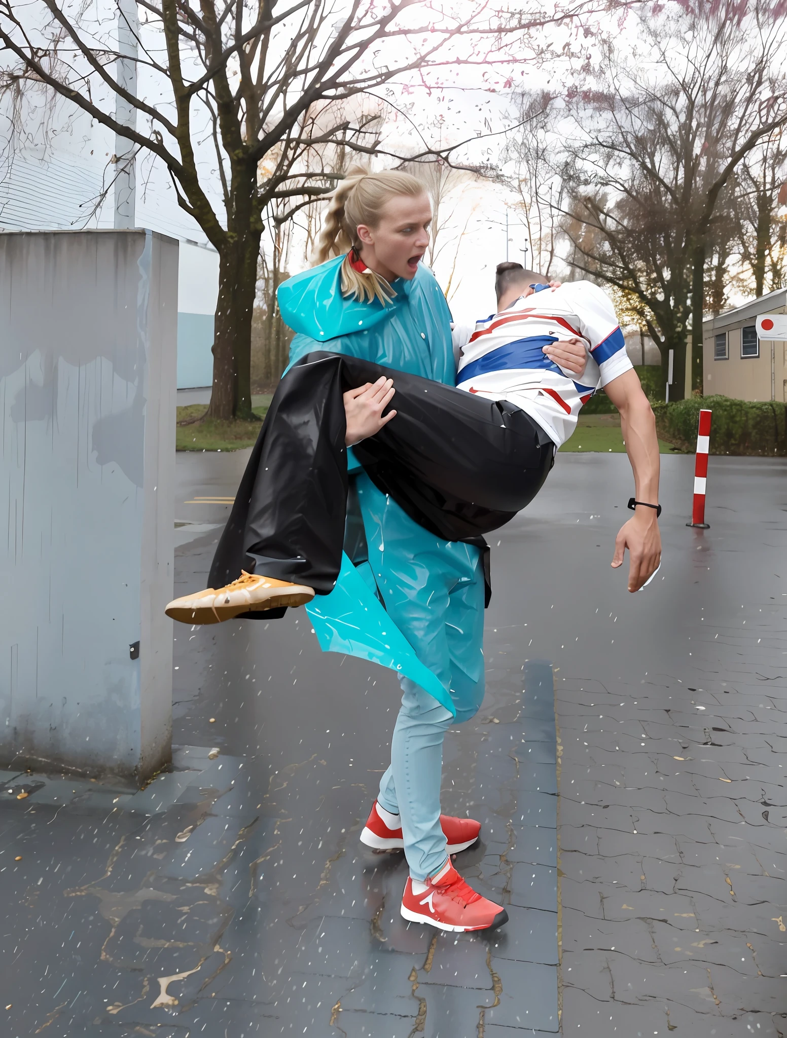 a ponytailed blond girl is wearing a shiny wet raincoat and is carrying a man in black jeans, a girl in a raincoat is crying tears and is carrying a consciousless man that is wearing black jeans, a young girl is wearing a wet blue pvc raincoat and is desperately shouting out and screaming, a consciousless man is wearing muddy black jeans, , fight, posing for a fight, street fighting, posing for a fight intricate, alexandra fomina, taken in 2022, sascha schneider, fight pose, high kick, by Anna Haifisch, fighting posture, by Caro Niederer, dramatic action pose