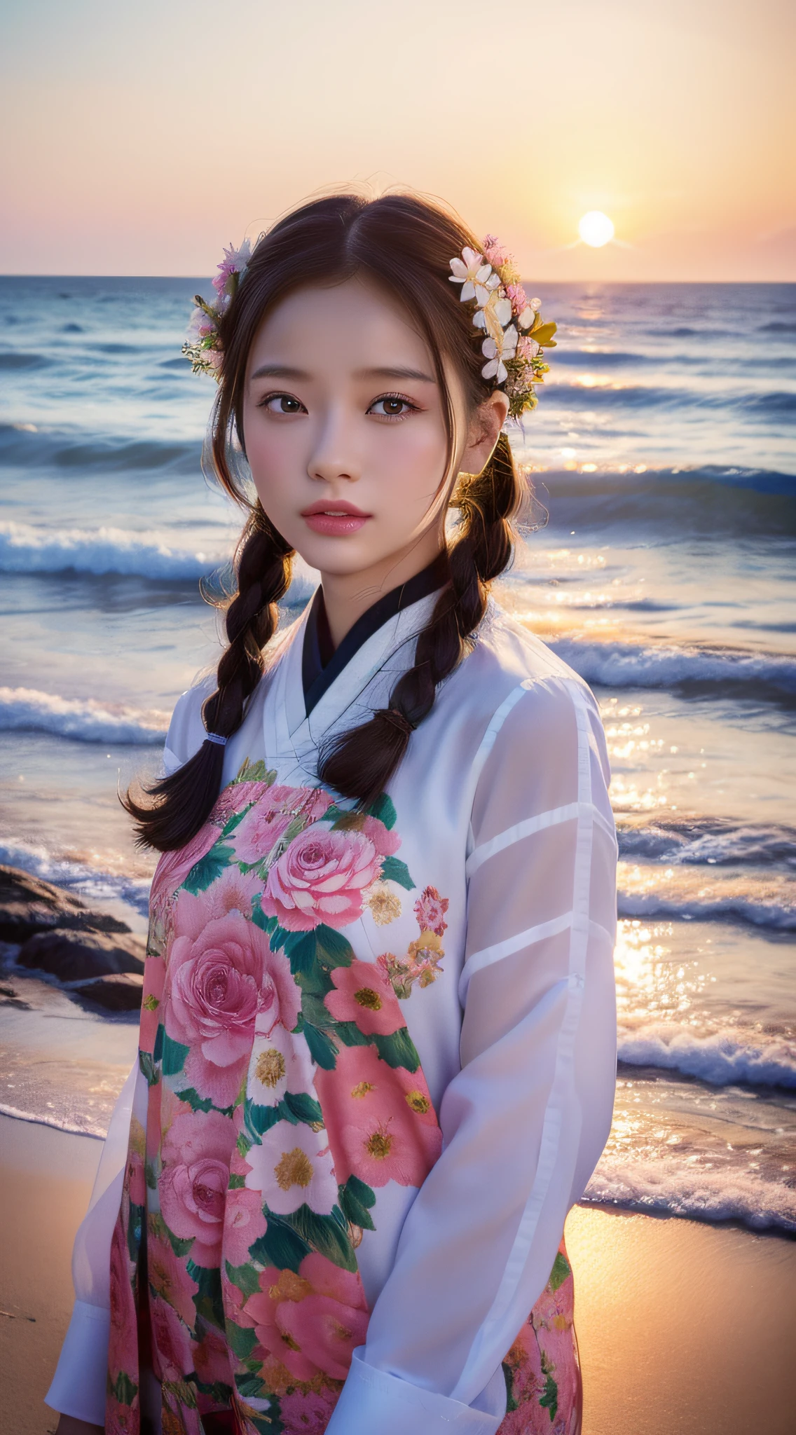 A girl with flowers in her hair, chinese girl, asian, seaside, sunset, 4K highly detailed digital art, beautiful digital artwork, beautiful art UHD 4k, beautiful digital illustration, gorgeous digital art, 4K detailed digital art, realistic digital art 4k, beautiful digital art, cute detailed digital art, stunning digital illustration, 8K high quality detailed art