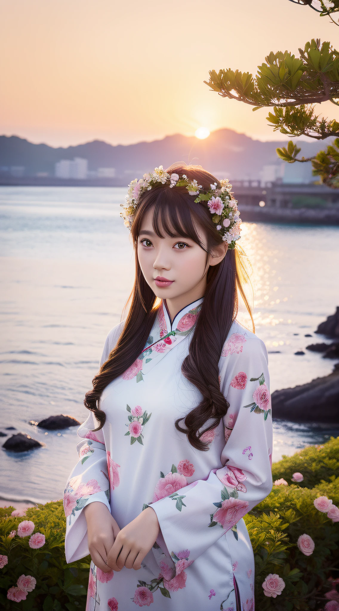 A girl with flowers in her hair, chinese girl, asian, seaside, sunset, 4K highly detailed digital art, beautiful digital artwork, beautiful art UHD 4k, beautiful digital illustration, gorgeous digital art, 4K detailed digital art, realistic digital art 4k, beautiful digital art, cute detailed digital art, stunning digital illustration, 8K high quality detailed art