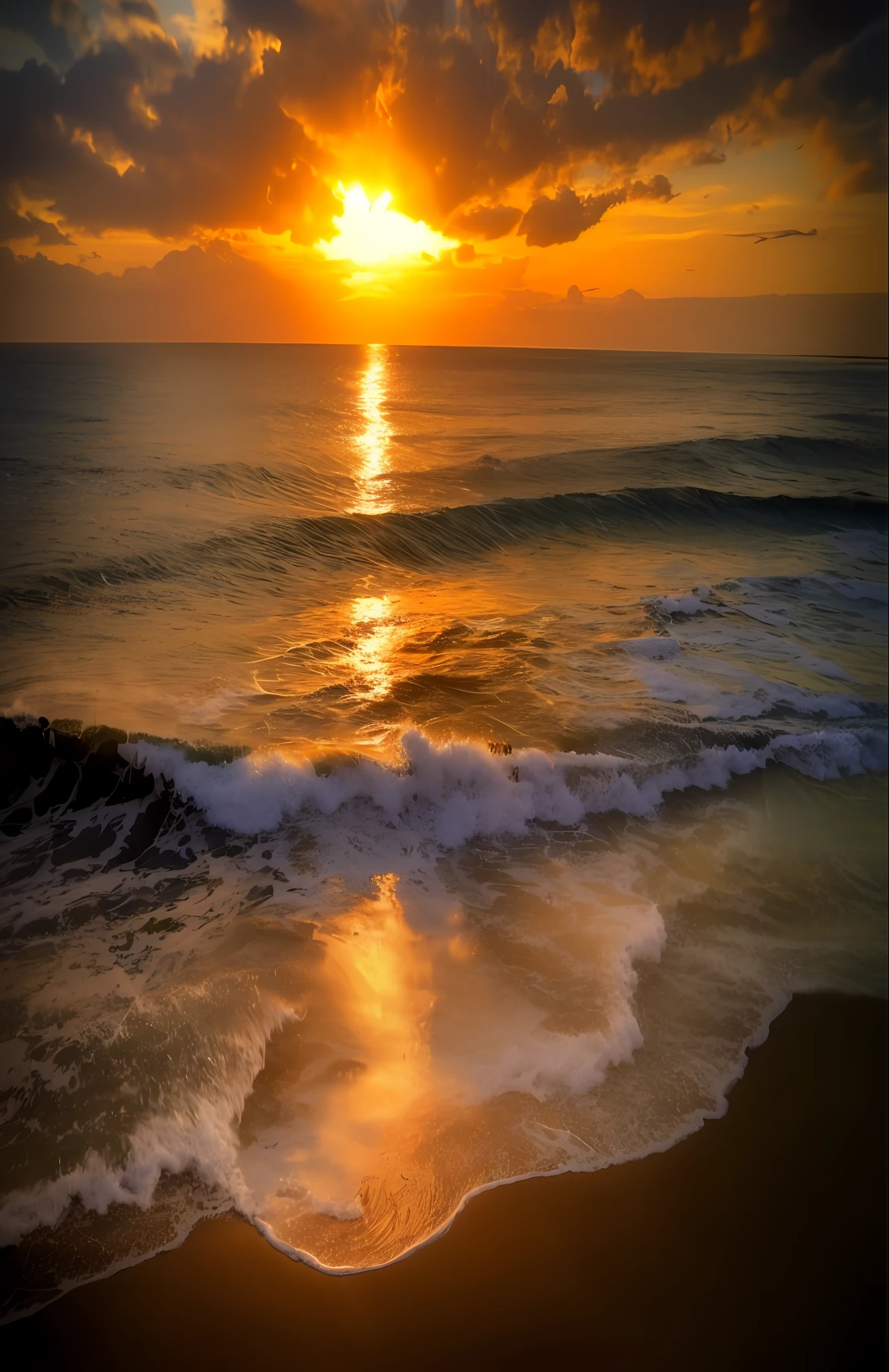 arafed view of a sunset over the ocean with waves, which shows a beach at sunset, sunset at the beach, the most beautiful sunset, beach sunset background, sunset on the beach, golden sunset, on the beach during sunset, at the beach on a sunset, golden hour time, at the golden hour, warm beautiful scene, in a golden sunset sky