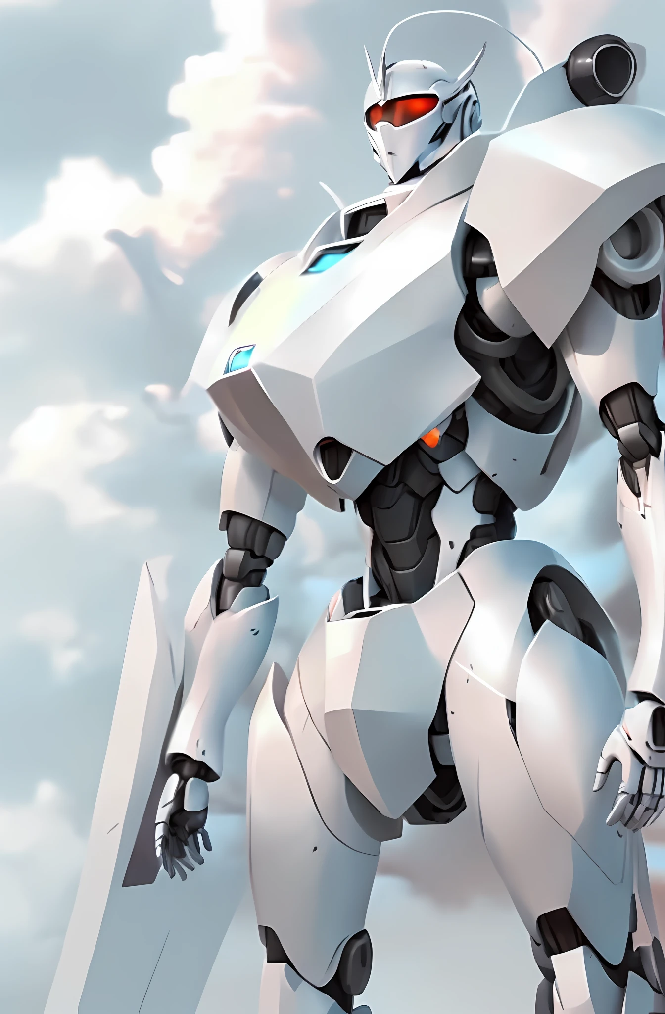 a close up of a robot standing in front of a cloudy sky, in white futuristic armor, streamlined white armor, sleek streamlined white armor, full body mecha suit, sleek white armor, matt white color armor, science fiction suit, glossy white armor, alexandre ferra white mecha, sleek bright white armor, ferra white mecha, mecha suit