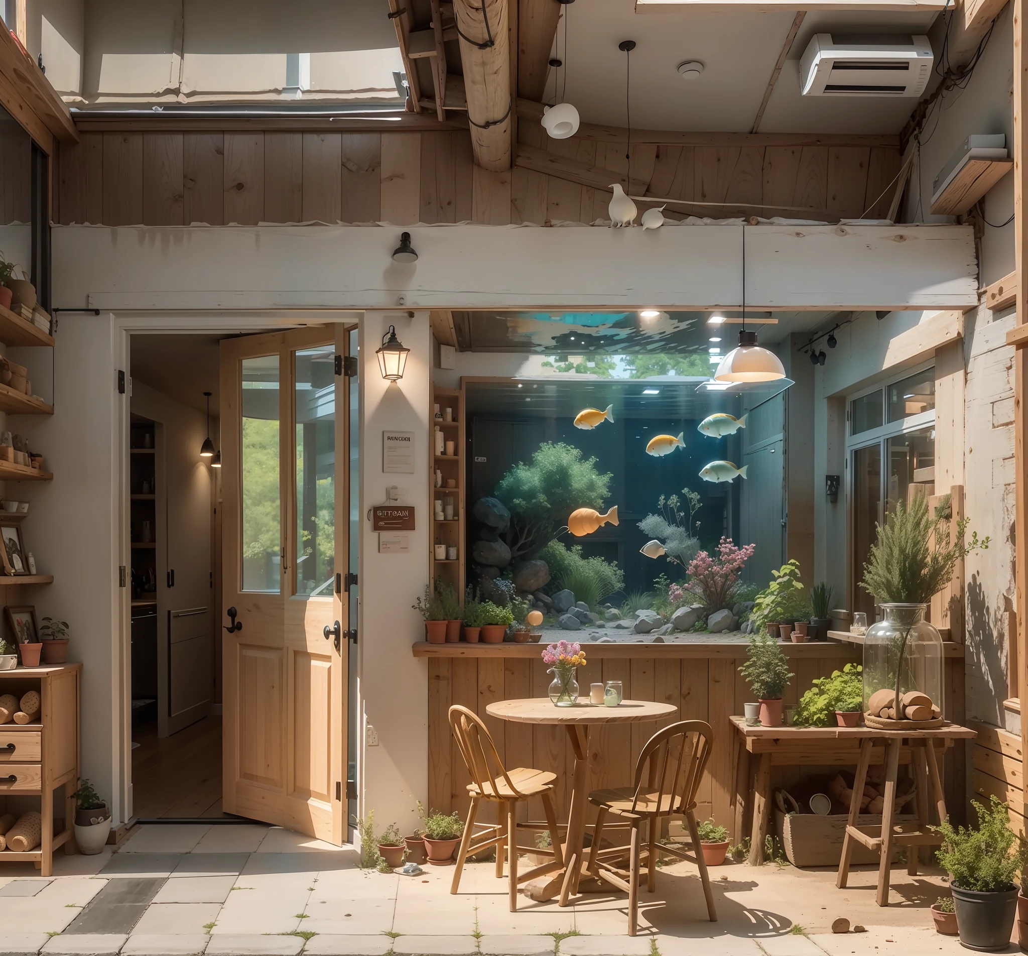 The log door, which opens to the outside, allows you to see the inside of the store with a cabinet hanging painting and a lounge chair