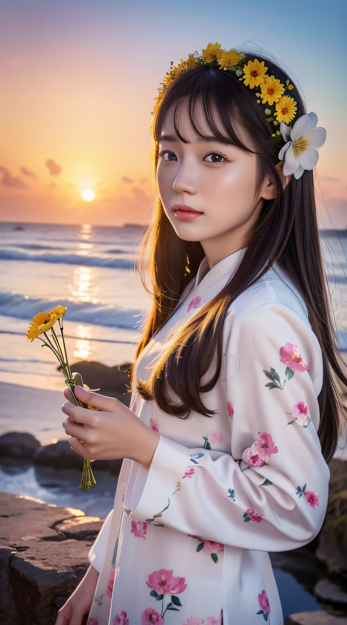 A girl with flowers in her hair, chinese girl, asian, seaside, sunset, 4K highly detailed digital art, beautiful digital artwork, beautiful art UHD 4k, beautiful digital illustration, gorgeous digital art, 4K detailed digital art, realistic digital art 4k, beautiful digital art, cute detailed digital art, stunning digital illustration, 8K high quality detailed art