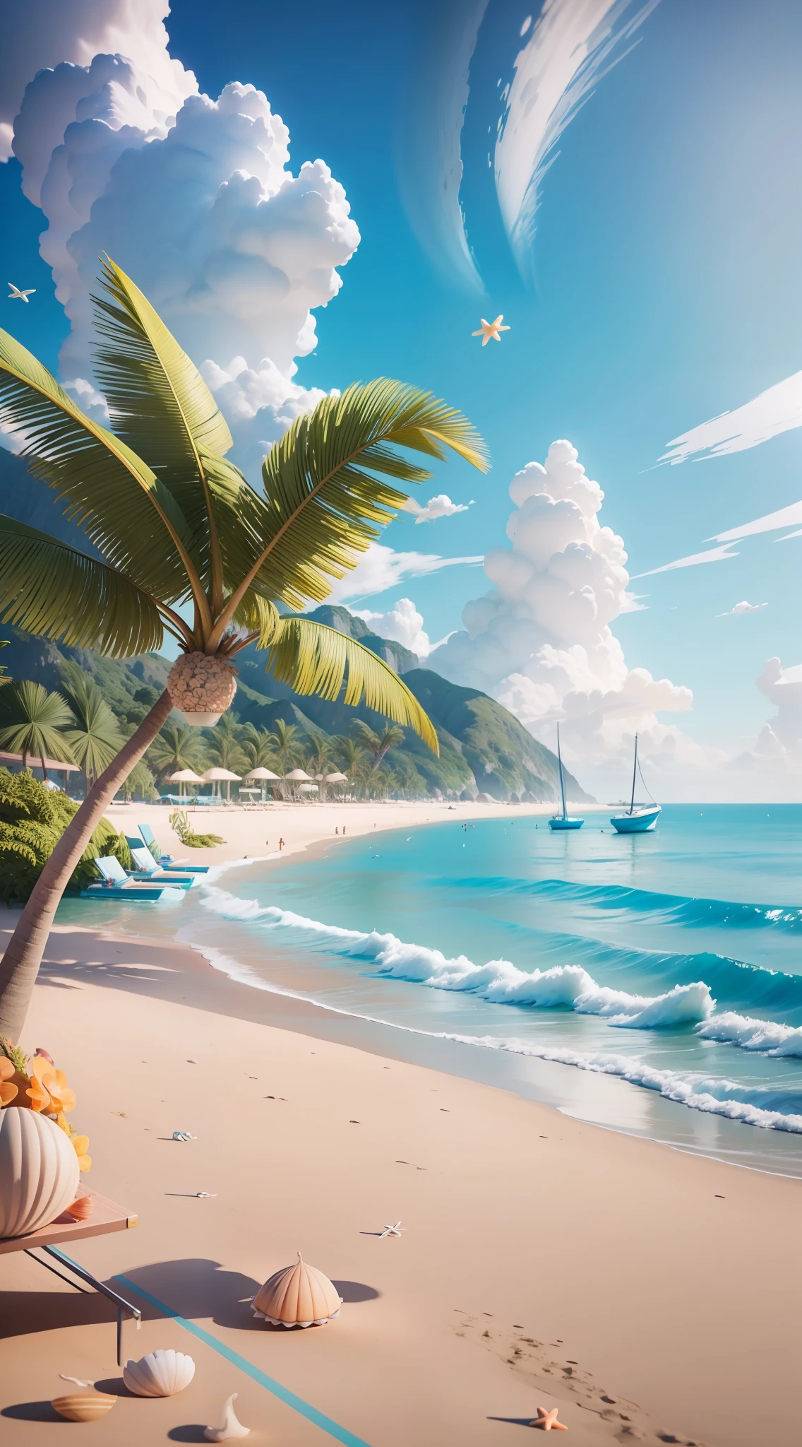 Beach chairs, fans, beach ocean, boats, shells, starfish, summer freshness, 3 D rendering stylized, stylized 3d rendering, stylized to 3d rendering, rolands zilvinski 3d rendered art, 3d stylized scene, relaxation concept art, stylized concept art, (octane rendering) fantasy style, stylized 3 d