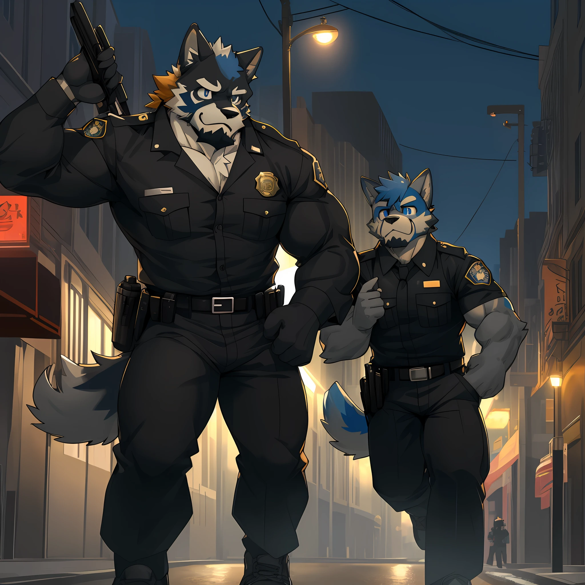 top quality, best quality, super high resolution, detailed background(highly detailed beautiful face and eyes)absurdres, perfect anatomy(angelic nice 2boy, kemono, muscle man)(furry)(furry anthro:1.7)(Furry body, dog facial features, dog body features)(very detailed body fur)full body(dignified, Embarrassing)police officer, street, muscle, facial hair, volumetric lighting, half undressh, black clothes, (black police uniform shirt)street, facial hair, volumetric lighting, from below,