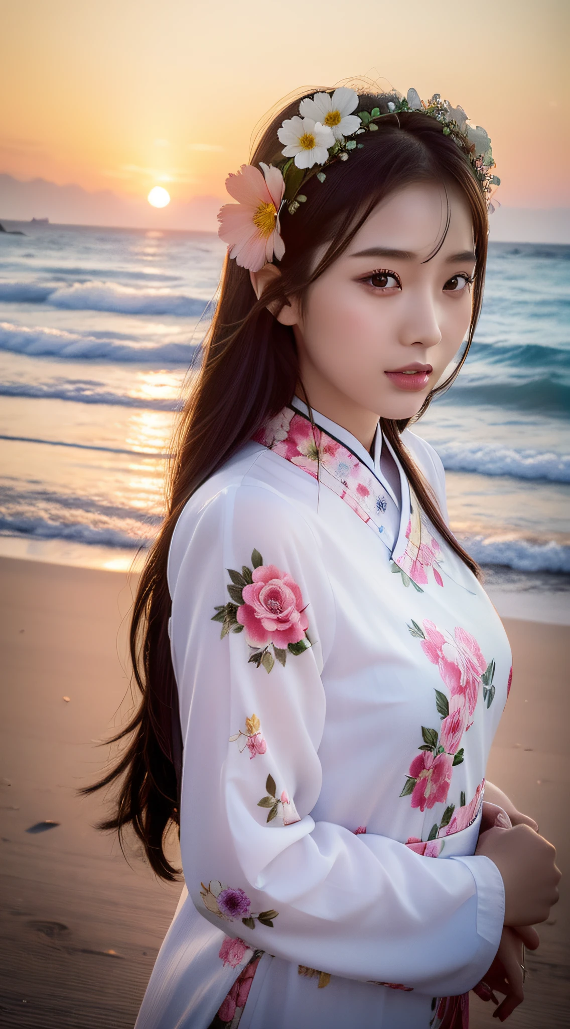 A girl with flowers in her hair, chinese girl, asian, seaside, sunset, 4K highly detailed digital art, beautiful digital artwork, beautiful art UHD 4k, beautiful digital illustration, gorgeous digital art, 4K detailed digital art, realistic digital art 4k, beautiful digital art, cute detailed digital art, stunning digital illustration, 8K high quality detailed art