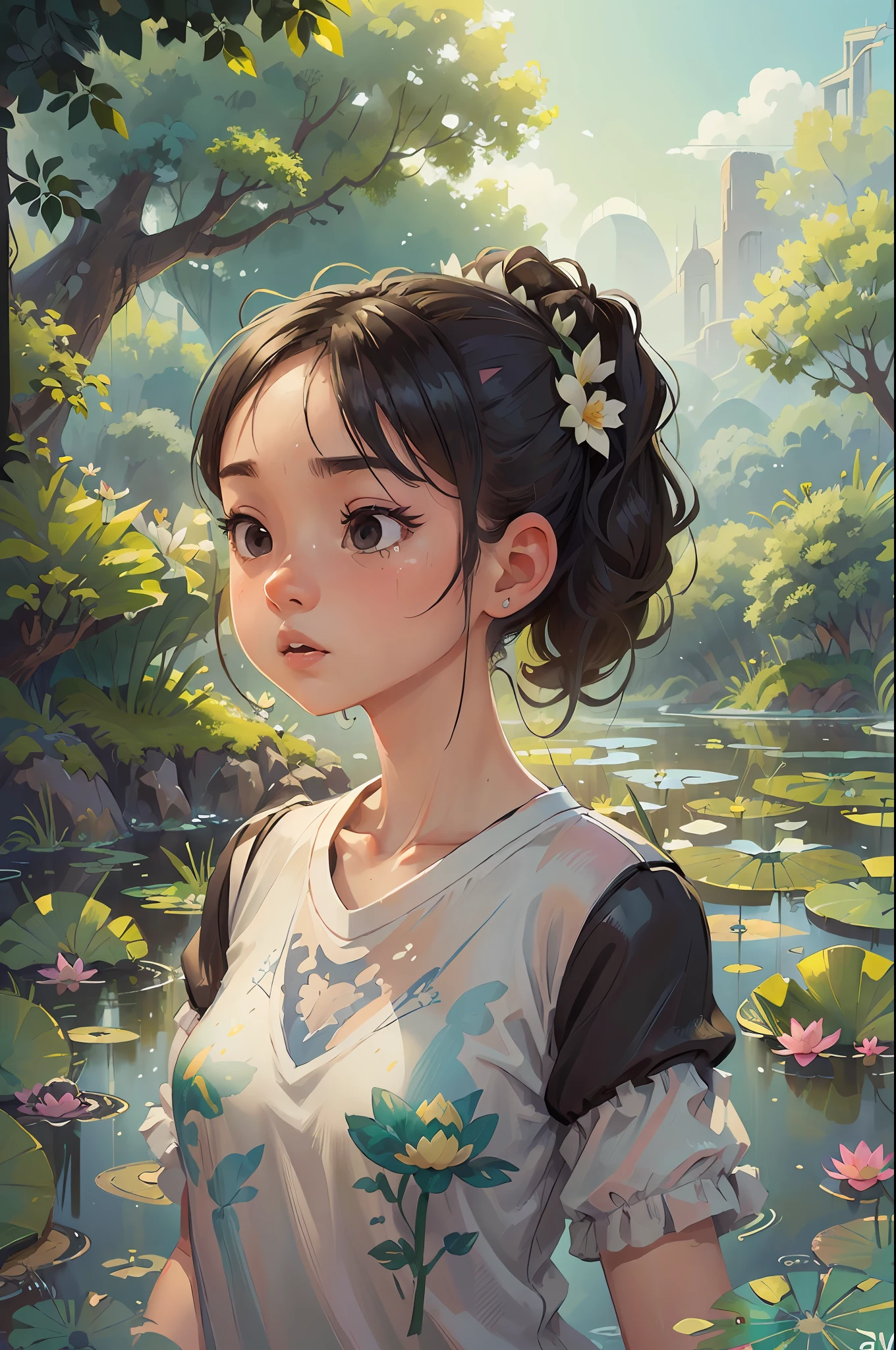 (Best Quality, Masterpiece), Vast Landscape Photo, (From below, Sky above, Lotus Pond below), (A Girl, Solo: 1.2), Black Ponytail, White T-Shirt, (Perfect Face, Detailed Skin, Realistic: 1.2), Character Ratio 0.6, Summer Country, Lotus, Frog, Dragonfly, Cool Clothes, Sweat on Face, Delicate Beauty, Colorful