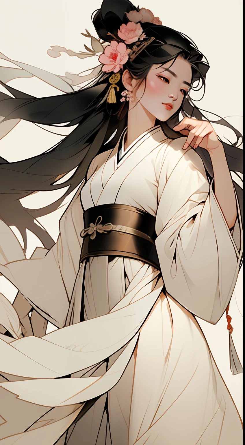 A beautiful ancient Chinese woman, full body, willow leaf eyebrows, melancholy eyes, wearing peony hair ornaments, wearing Hanfu long skirt, beautiful details, rich light and shadow, perfect art, white background, masterpiece, super detailed, epic composition, super HD, high quality, highest quality, 16k