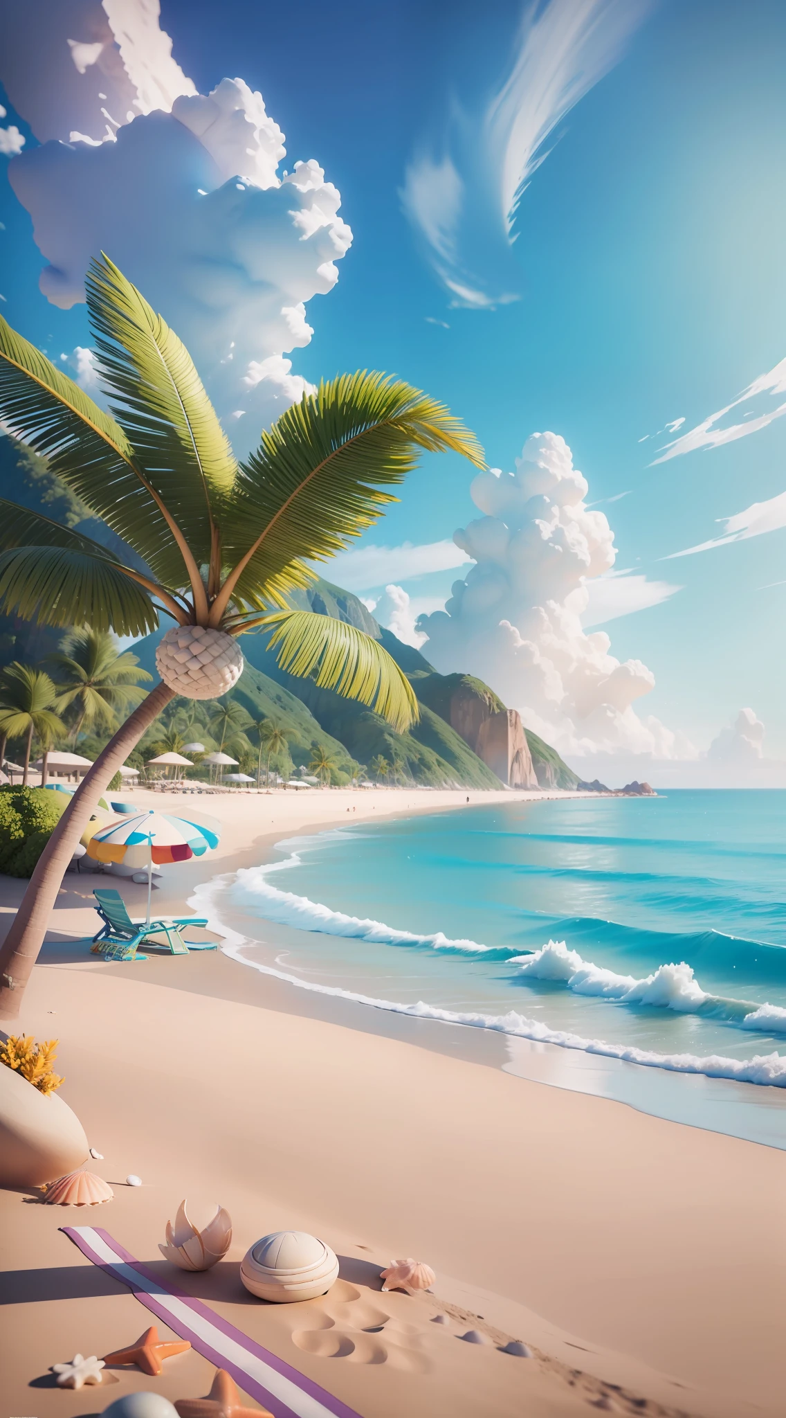 Beach chairs, fans, beach ocean, shells, starfish, summer freshness, 3 D rendering stylized, stylized 3d rendering, stylized to 3d rendering, rolands zilvinski 3d render art, 3 d stylized scene, relaxation concept art, stylized concept art, (octane rendering) fantasy style, stylized 3 d