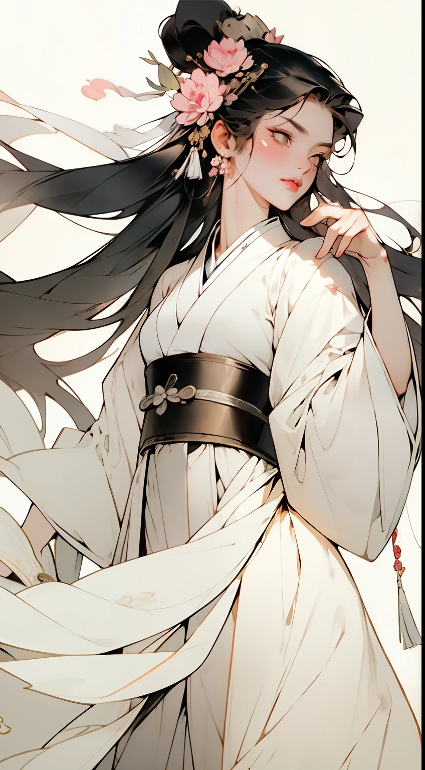 A beautiful ancient Chinese woman, full body, willow leaf eyebrows, melancholy eyes, wearing peony hair ornaments, wearing Hanfu long skirt, beautiful details, rich light and shadow, perfect art, white background, masterpiece, super detailed, epic composition, super HD, high quality, highest quality, 16k
