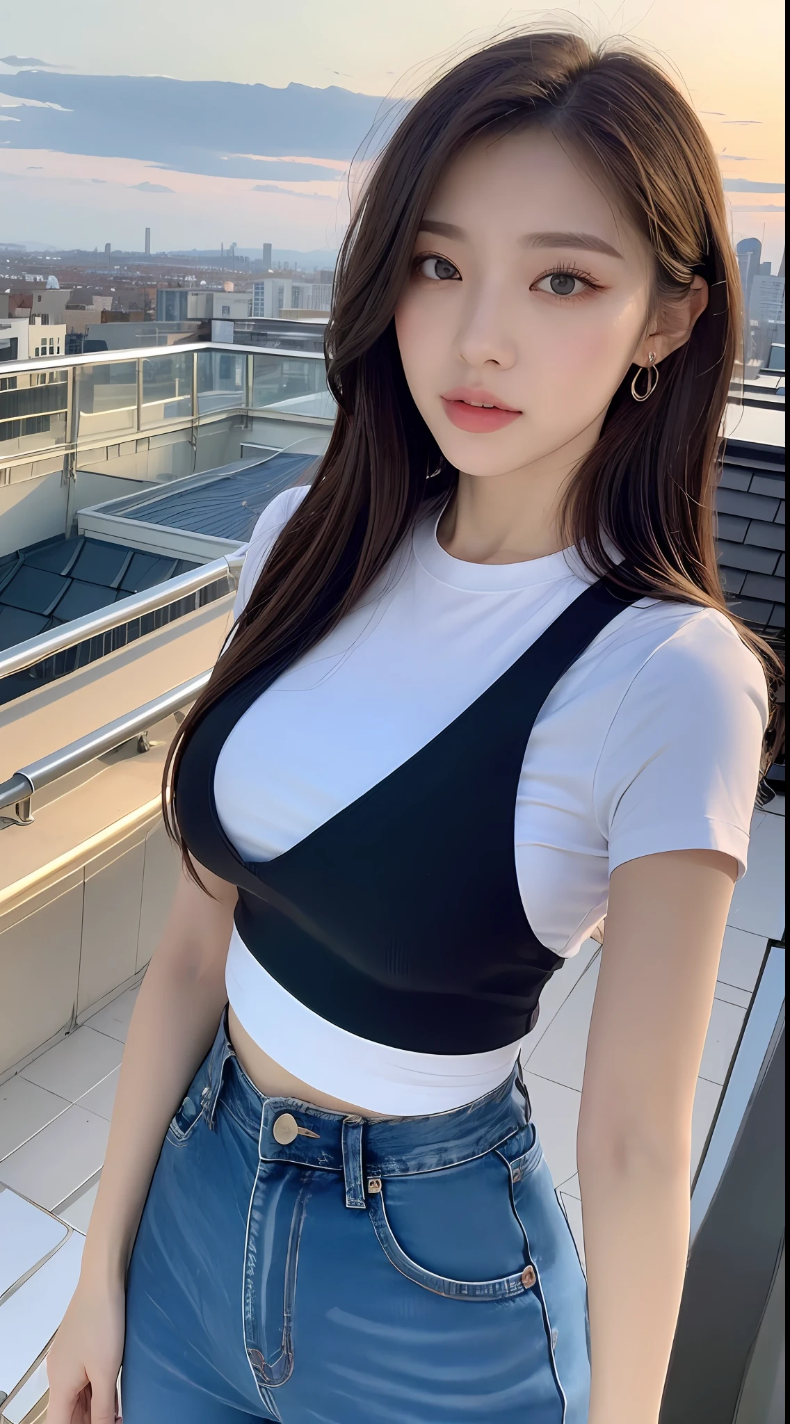 ((Midnight, Best quality, 8k, Masterpiece :1.3)), Whole body, Long legs, Sharp focus :1.2, A pretty woman with perfect figure :1.4, Slender abs :1.1, ((Dark brown hair, Big breasts :1.2)), (White tight tshirt, Jean bib, Standing:1.2), ((Night city view, Rooftop:1.3)), Highly detailed face and skin texture, Detailed eyes, Double eyelid