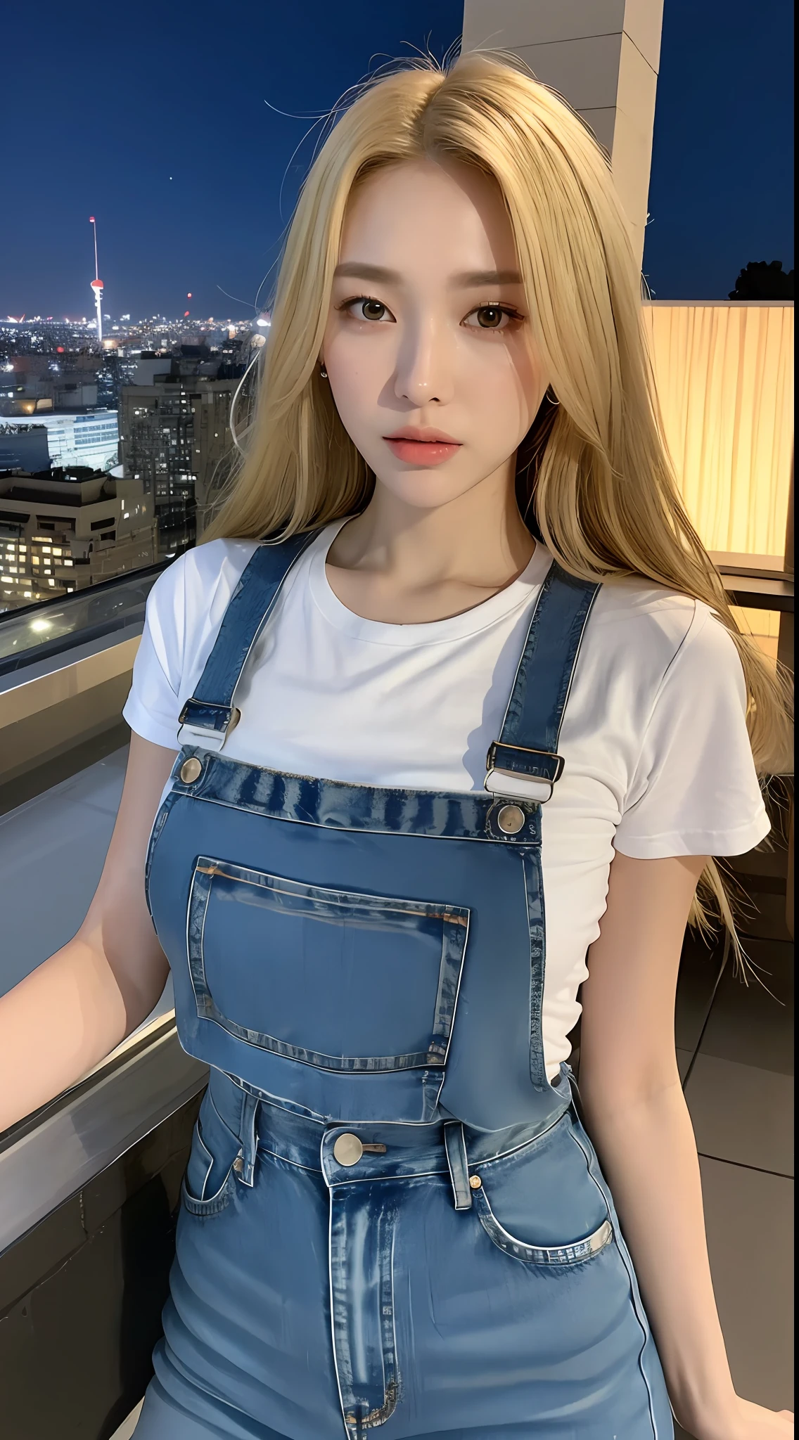 ((Midnight, Best Quality, 8k, Masterpiece: 1.3)), Full Body, Long Legs, Sharp Focus: 1.2, Pretty Women in Perfect Shape: 1.4, Slender Abs: 1.1, ((Blonde, Big: 1.2)), (White Tight T-Shirt, Jean Bib, Standing: 1.2), ((Night City View, Rooftop: 1.3)), Highly Detailed Face and Skin Texture, Detailed Eyes, Double Eyelids