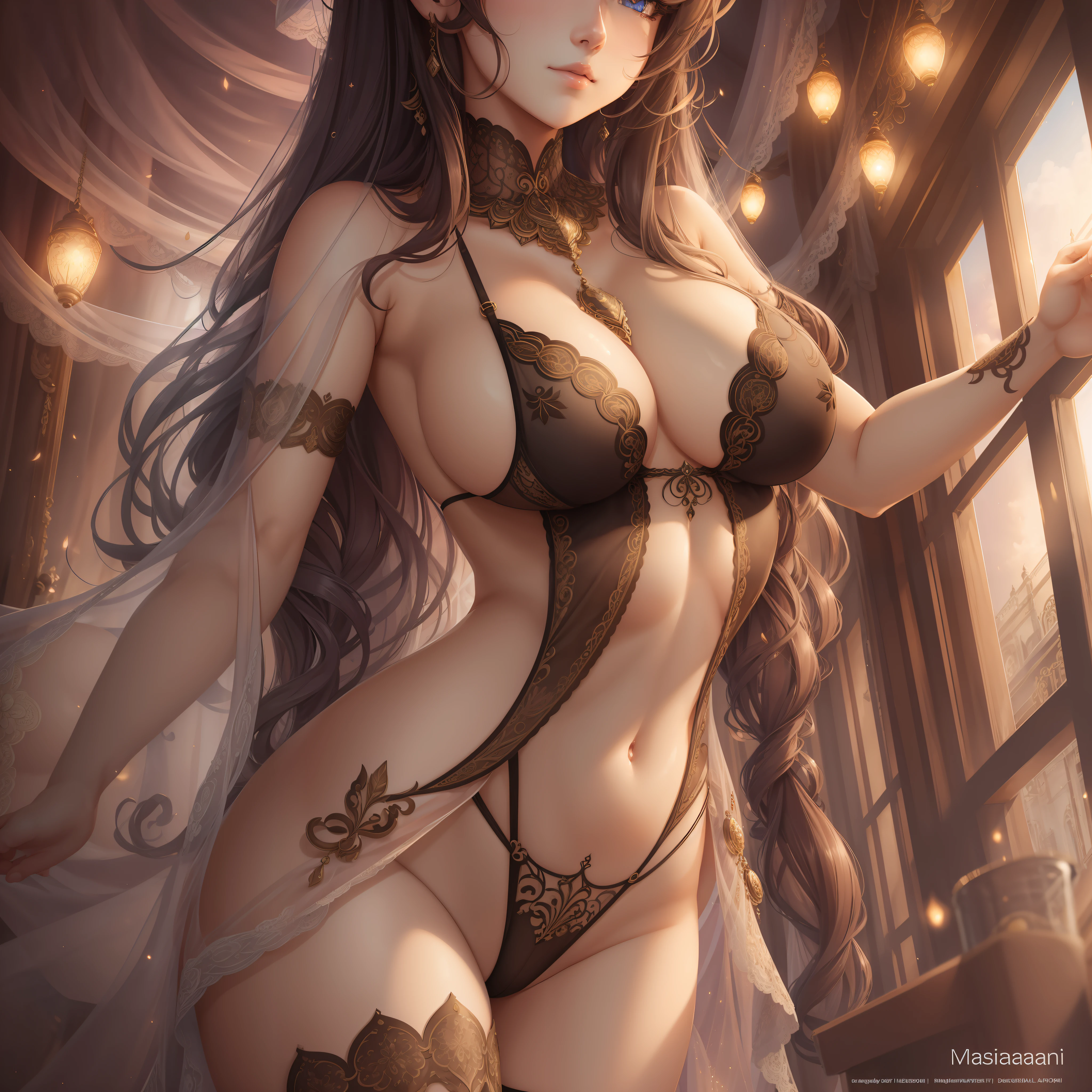 beautiful detaile deyes, extremely_detailed_eyes_and_face,best quality,highly detailed,masterpiece,ultra-detailed,illustration, 8k, super detail, best quality, 
tachi-e,between legs, wide shot,hair censor, heart censor, hair over breasts,
1girl, solo, hair over shoulder, 
AGE:24,height:165,large breasts, 
(maebari), (pasties arms under breasts),
perspective, bodystocking,