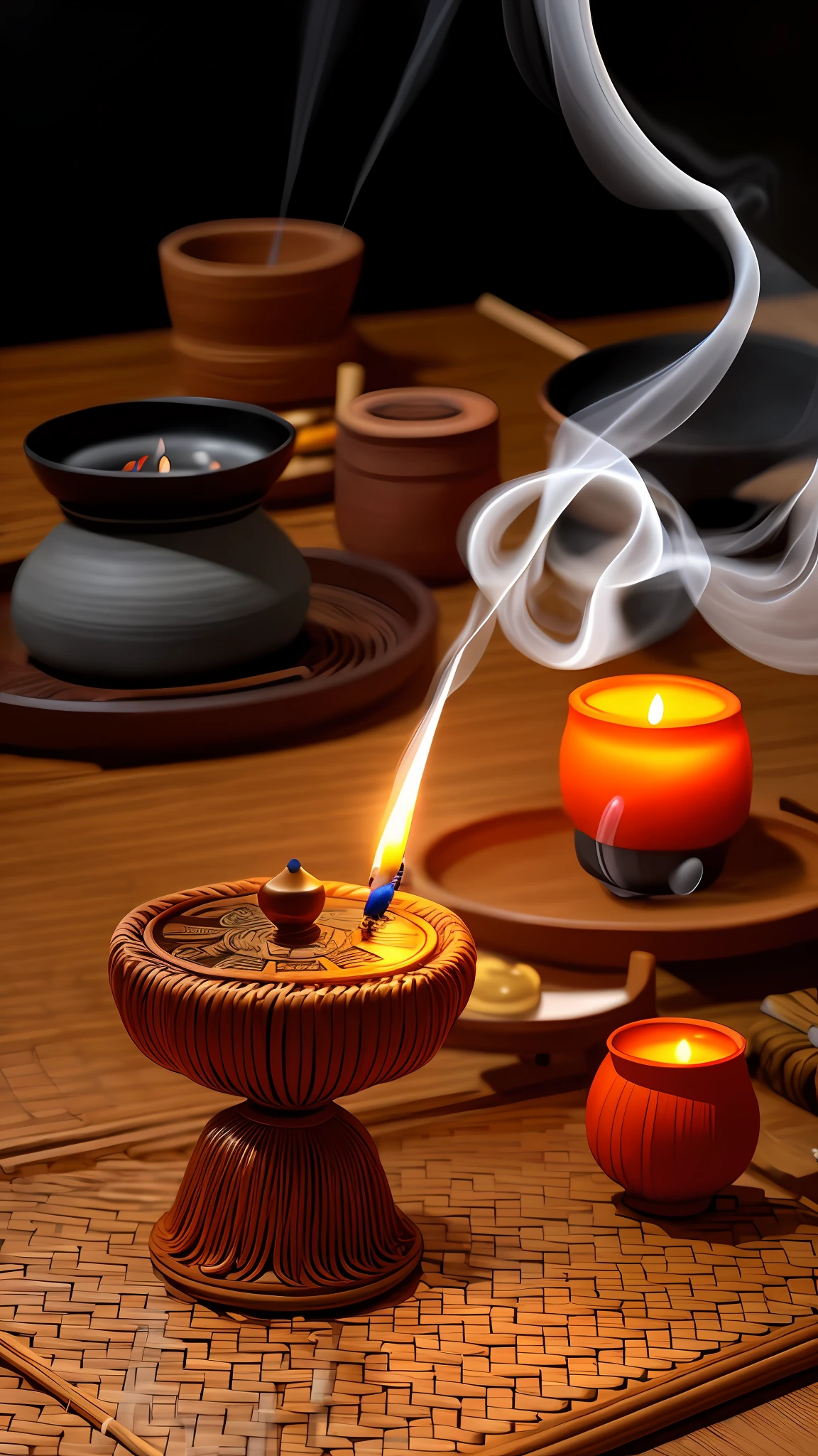 Light incense sticks, hand strings with agarwood placed on the table, incense, cigarettes fill the air, zen scenes, warm and joyful atmosphere, spiritual scenes, relaxing feelings, istock, red smoke from lamps, casting spells, emitting smoke and sparks