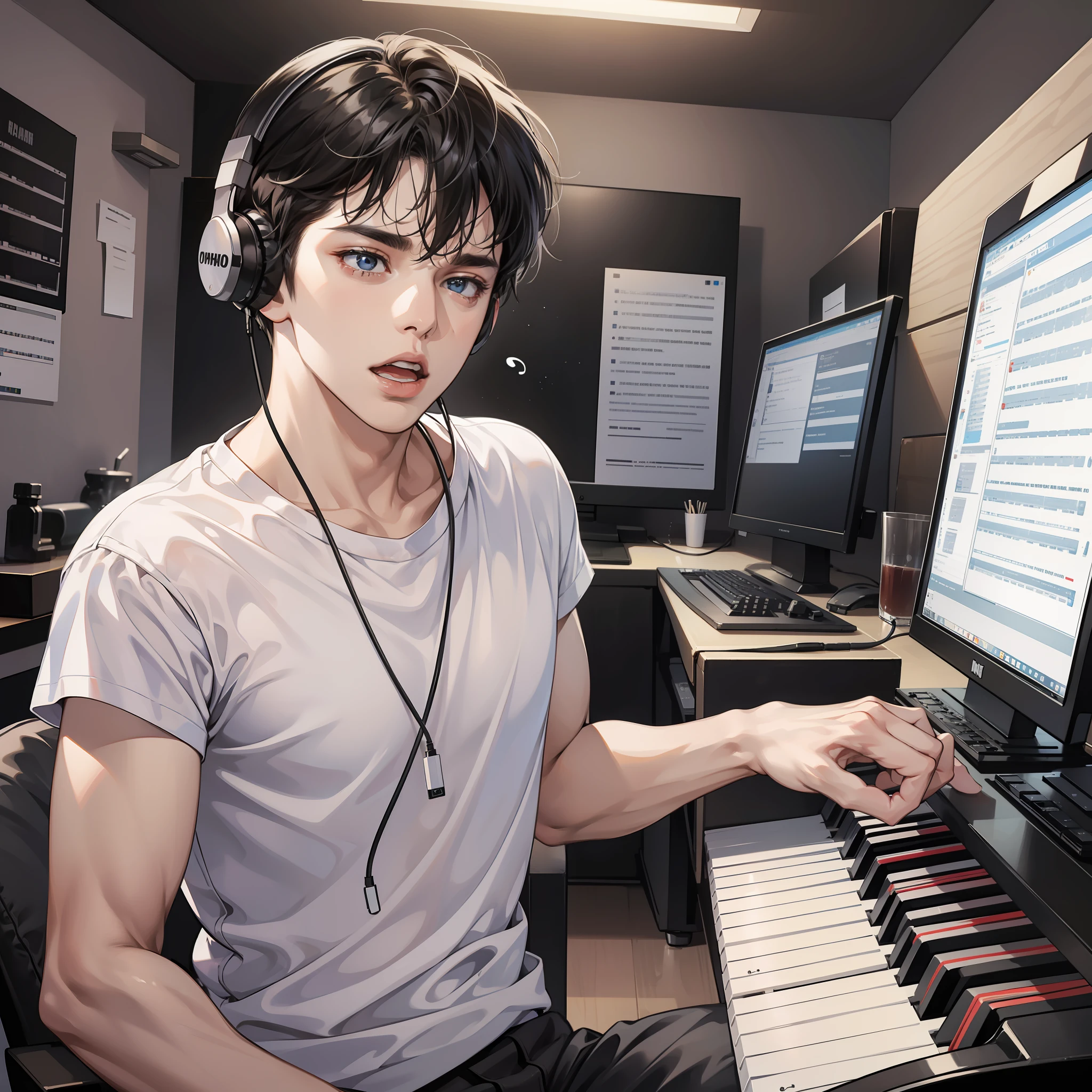 Masterpiece, high quality, best quality, HD, realistic, perfect lighting, detailed body, 1 man, short black hair, white t-shirt, serious expression, open mouth, singing, affectionate, sitting playing piano, wearing headphones, facing the computer monitor, in the room waiting for the start