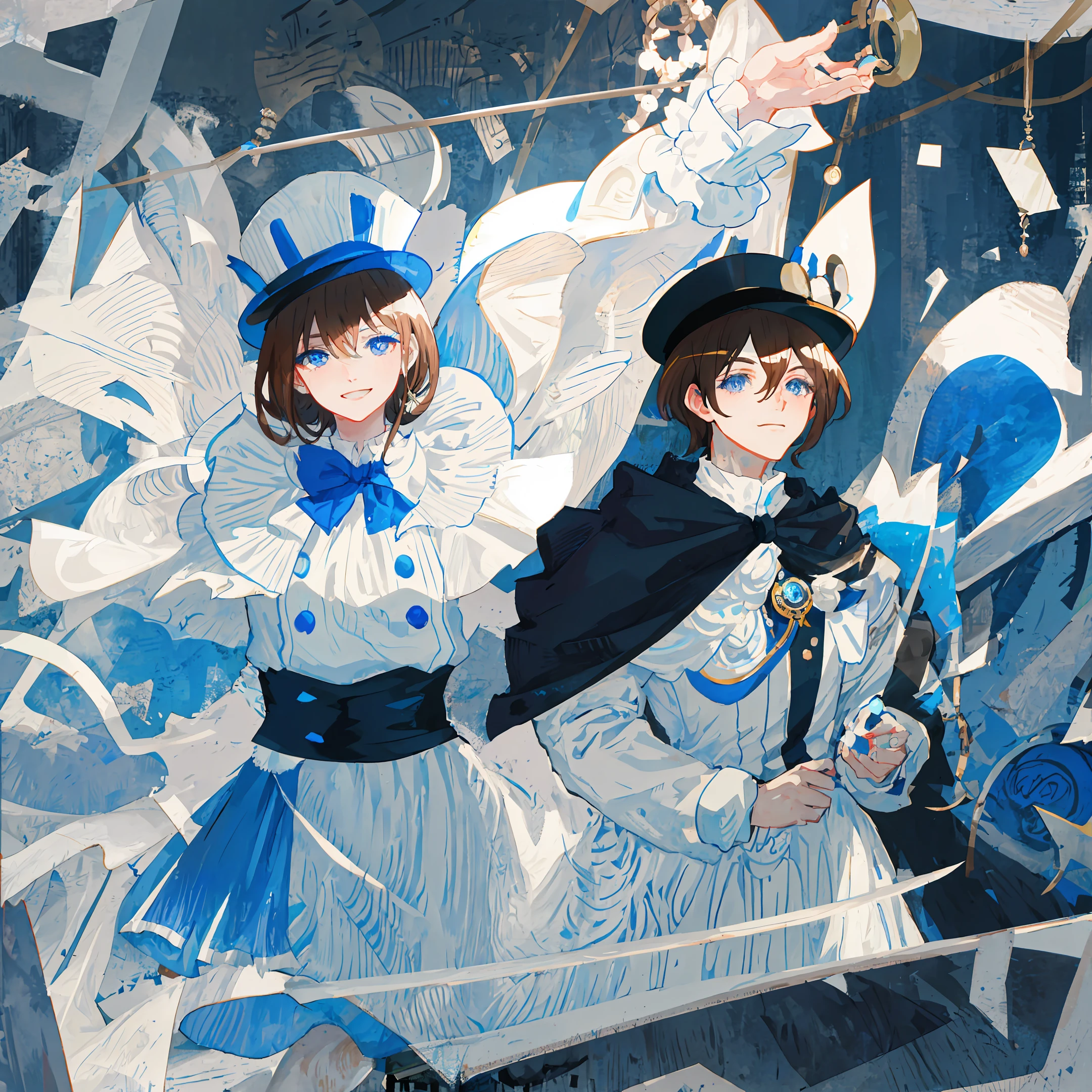 Brunette hair, boy, blue eyes thick painted anime white dress costume cape, mysterious monocle top hat, magician, monster thief Kidd, smile