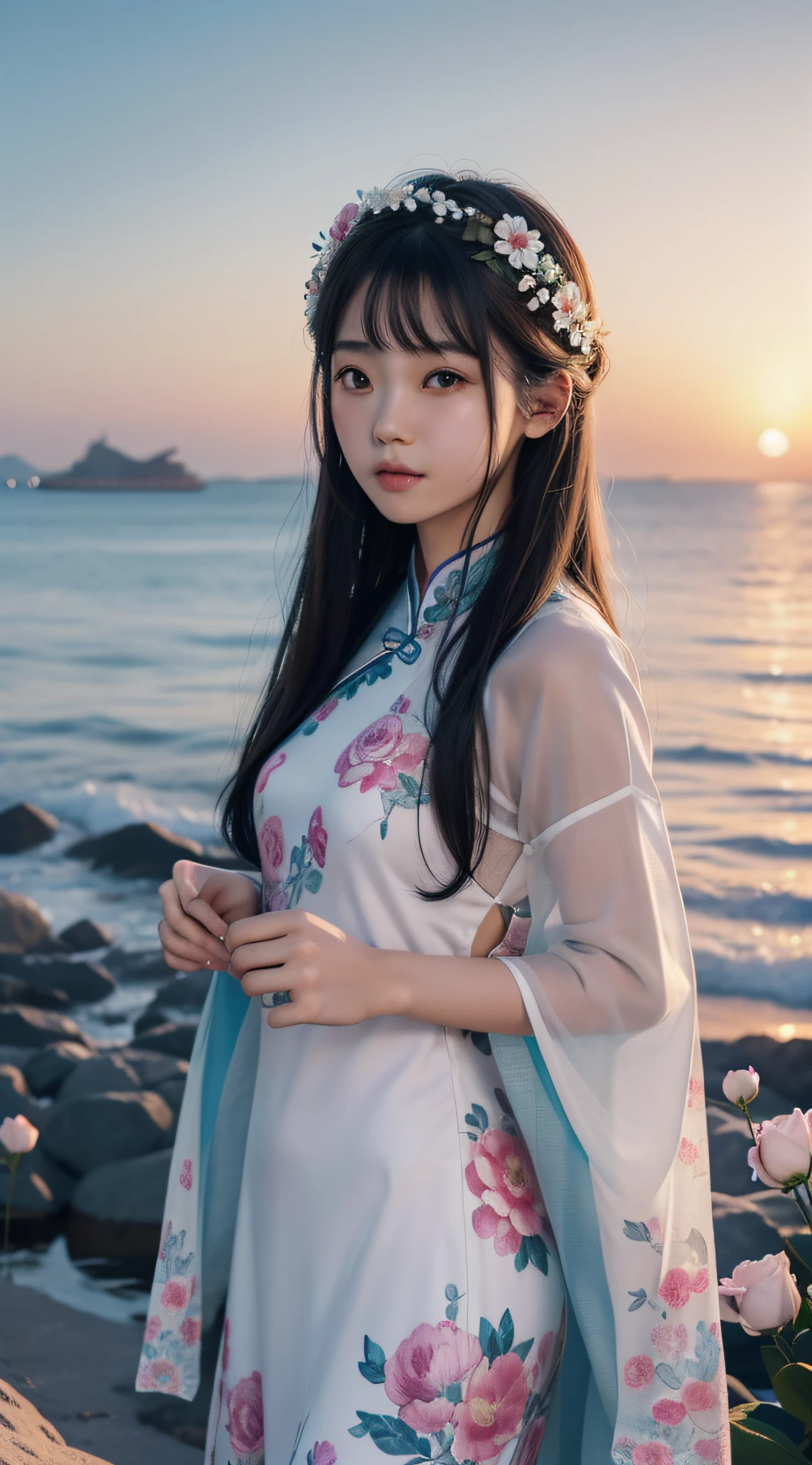 A girl with flowers in her hair, chinese girl, asian, seaside, sunset, 4K highly detailed digital art, beautiful digital artwork, beautiful art UHD 4k, beautiful digital illustration, gorgeous digital art, 4K detailed digital art, realistic digital art 4k, beautiful digital art, cute detailed digital art, stunning digital illustration, 8K high quality detailed art