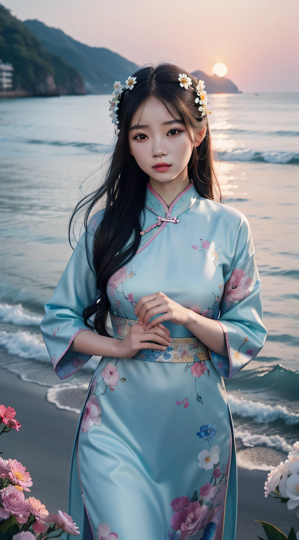 A girl with flowers in her hair, chinese girl, asian, seaside, sunset, 4K highly detailed digital art, beautiful digital artwork, beautiful art UHD 4k, beautiful digital illustration, gorgeous digital art, 4K detailed digital art, realistic digital art 4k, beautiful digital art, cute detailed digital art, stunning digital illustration, 8K high quality detailed art