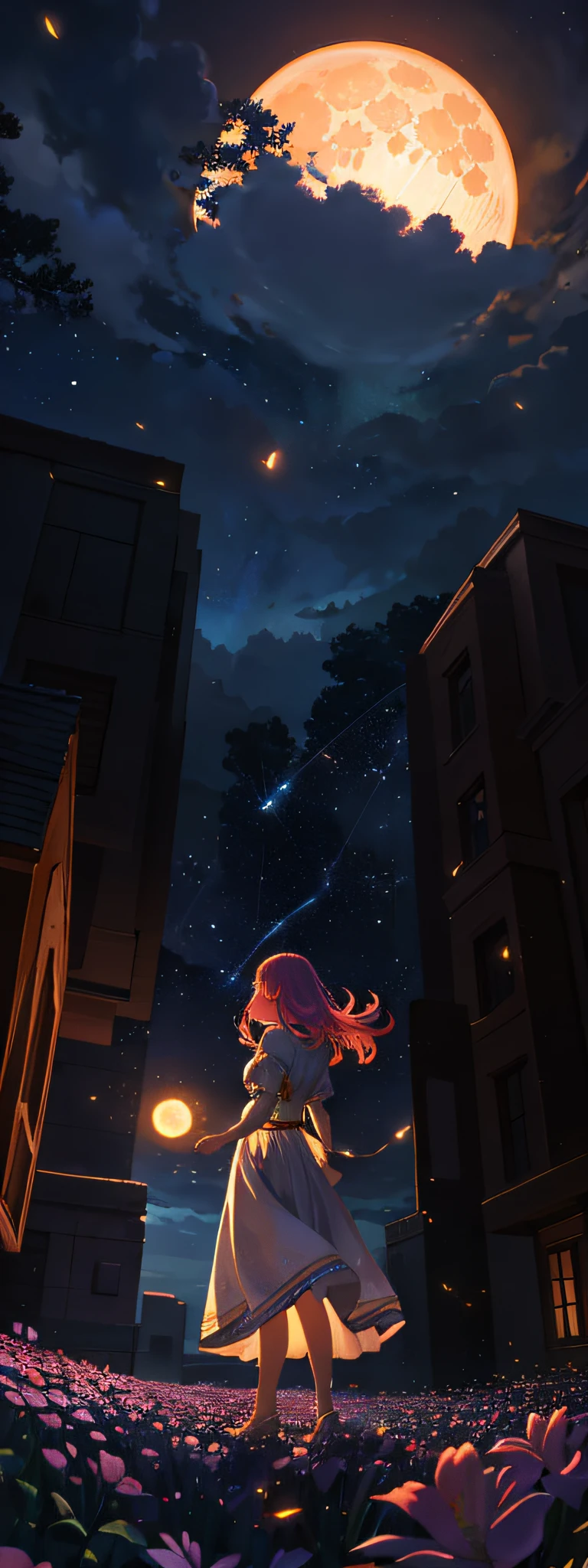 Vast landscape photo, (viewed from below, the sky is above and the open field is below), a girl standing on a flower field looking up, (full moon: 1.2), (meteor: 0.9), (nebula: 1.3), distant mountains , Trees BREAK Crafting Art, (Warm Light: 1.2), (Fireflies: 1.2), Lights, Lots of Purple and Orange, Intricate Details, Volumetric Lighting, Realism BREAK (Masterpiece: 1.2), (Best Quality), 4k, Ultra-Detailed, (Dynamic Composition: 1.4), Very Detailed, Colorful Details, (Rainbow Colors: 1.2), (Glow Lighting, Atmospheric Lighting), Dreamy, Magical, (Solo: 1.2)
