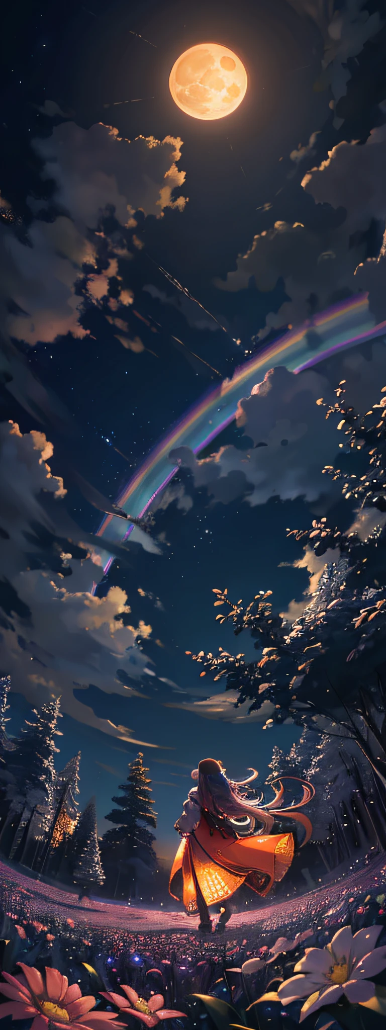 Vast landscape photo, (viewed from below, the sky is above and the open field is below), a girl standing on a flower field looking up, (full moon: 1.2), (meteor: 0.9), (nebula: 1.3), distant mountains , Trees BREAK Crafting Art, (Warm Light: 1.2), (Fireflies: 1.2), Lights, Lots of Purple and Orange, Intricate Details, Volumetric Lighting, Realism BREAK (Masterpiece: 1.2), (Best Quality), 4k, Ultra-Detailed, (Dynamic Composition: 1.4), Very Detailed, Colorful Details, (Rainbow Colors: 1.2), (Glow Lighting, Atmospheric Lighting), Dreamy, Magical, (Solo: 1.2)