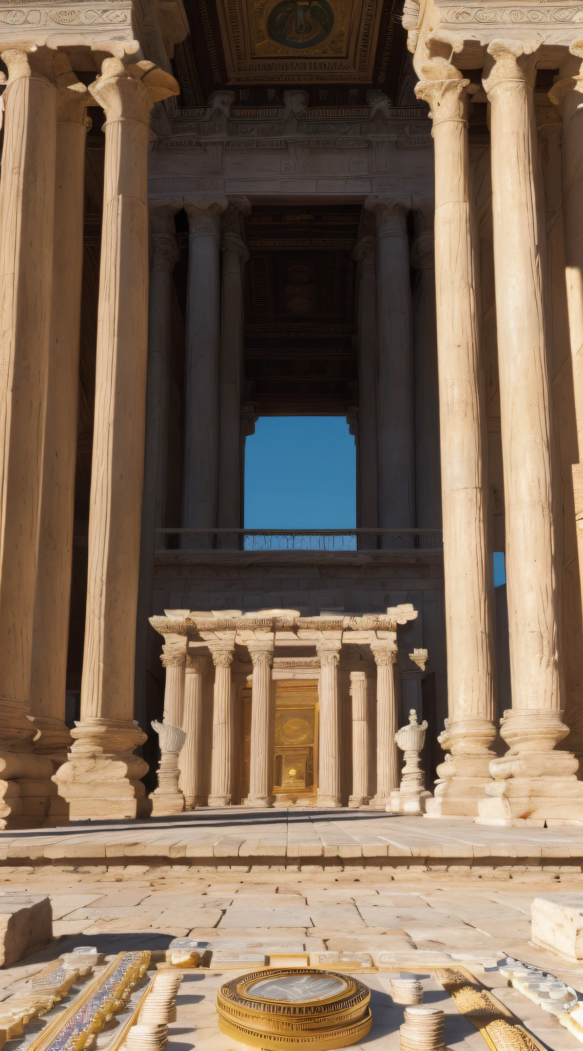 (masterpiece, UHD, illustration, detailed:1.3), Temple of Juno Moneta, Roman Empire, (immense architectural beauty:1.2), ivory pillars, sunlit, (meticulous coin minting process:1.4), artisan Romans, togas, vibrant marketplace, (Roman cityscape:1.1), bright colors, high vantage point perspective.