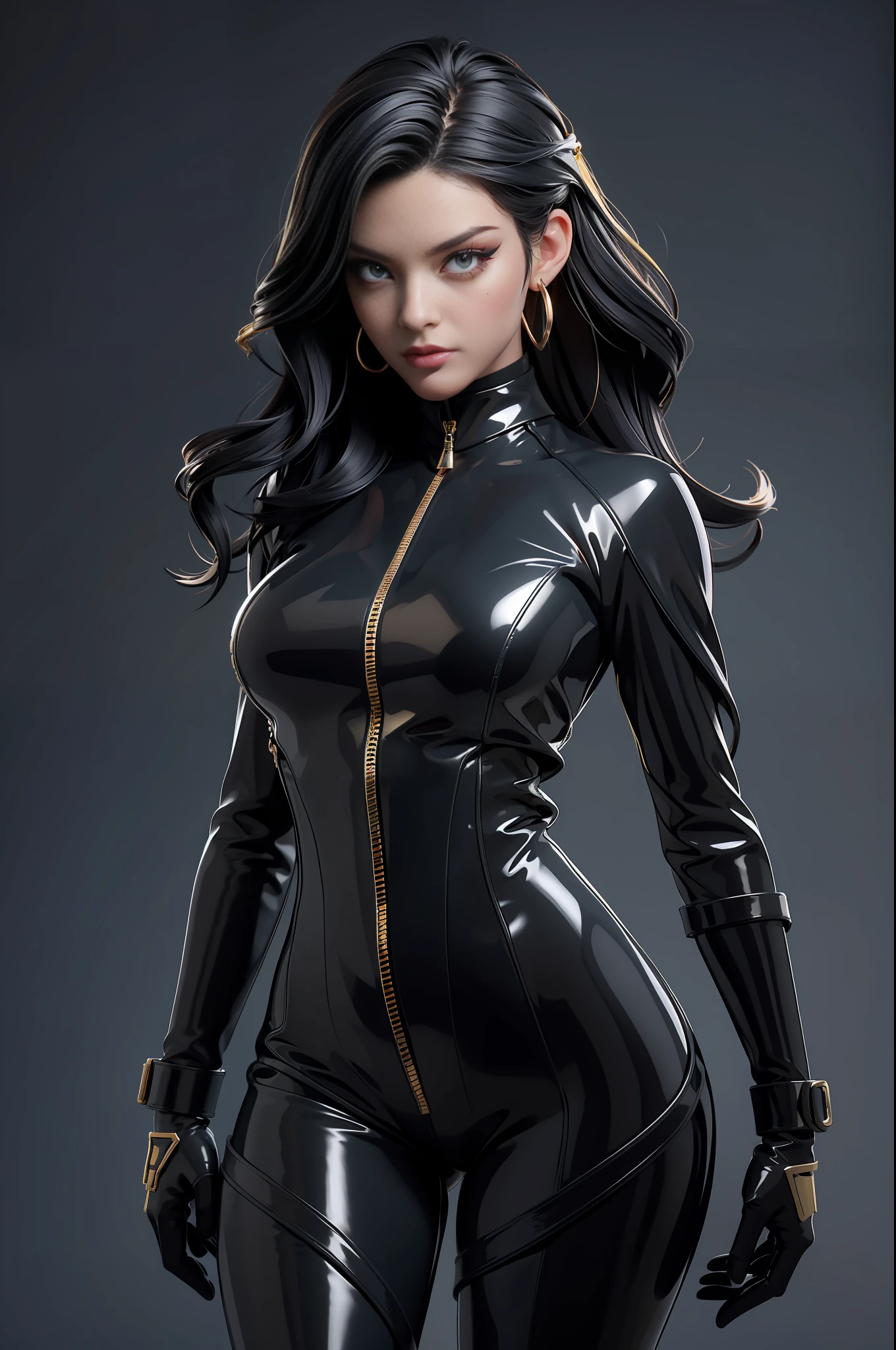 portrait picture Unreal Engine 5 8K UHD of beautiful female, black short wavy hair, black tight cybernetic latex catsuit with gold lace, two leather belts on hip, earrings, latex body straps, latex long sock, latex long glove, arm cuffs and leg cuffs, cyberpunk world, futuristic design, beautiful make up, best quality, masterpiece