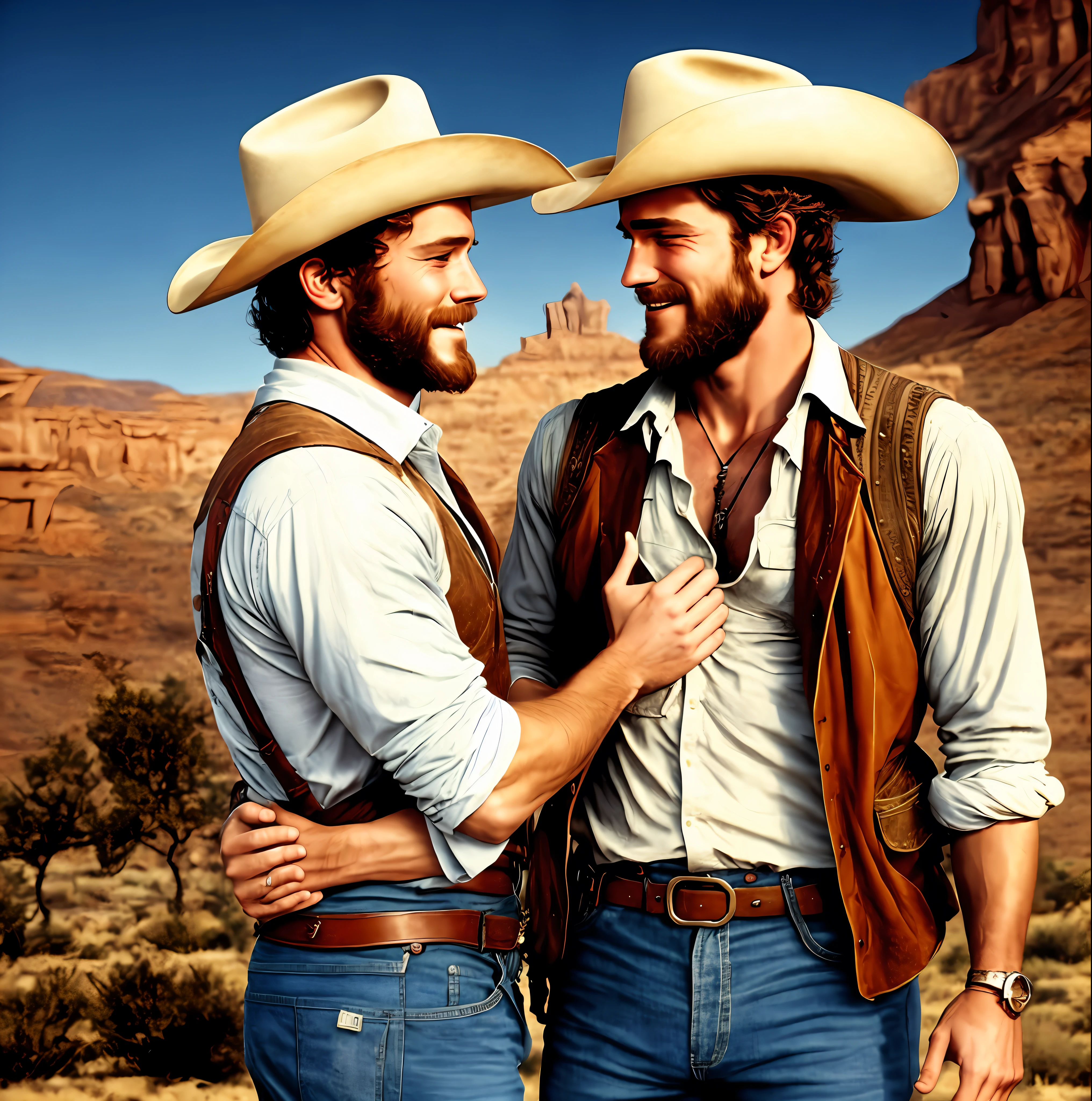 Fuck, Brokeback Mountain! Of course, my comrade! Come on, I'll give you a detailed description of these two iconic characters. We have Ennis Del Mar, played by Heath Ledger, and Jack Twist, played by Jake Gyllenhaal. Ennis is a white guy, with short dark hair, with an intense and striking look. He has a reserved manner, an enigmatic figure who hides a burning passion in his heart. His thin beard adds a rustic touch to his face, underscoring his masculinity. In contrast, Jack is a white guy, with brown hair and slightly messy, with a captivating smile. He has a more open energy, a free spirit who is always in search of emotion. His beard is fuller, adding a stripped down charm to his look.

Now, about the image itself: the two are in a breathtaking landscape, an imposing mountain in the background. They're wearing work clothes, with their cowboy hats worn out, indicating they're in the middle of an arduous journey. Their gazes meet in a moment of intimacy, a mixture of desire, sadness and repressed desire. Their hands touch, almost grab each other, but there's a palpable tension in the air. Fuck, it's like the world around them disappears, and there are only the two of them at that moment.

This image represents the essence of Brokeback Mountain, the struggle between forbidden love and society's expectations. It's a story of hearts that meet in a place where they shouldn't be, but where they belong. A story of secret encounters, repressed emotions, and the painful price of denial.

Damn, Brokeback Mountain is a movie that stirs feelings and defies convention. These two characters are a symbol of the strength of love and the struggle against the limitations imposed by society. I hope this detailed description captured the essence of these characters and the film, my comrade! --auto --s2