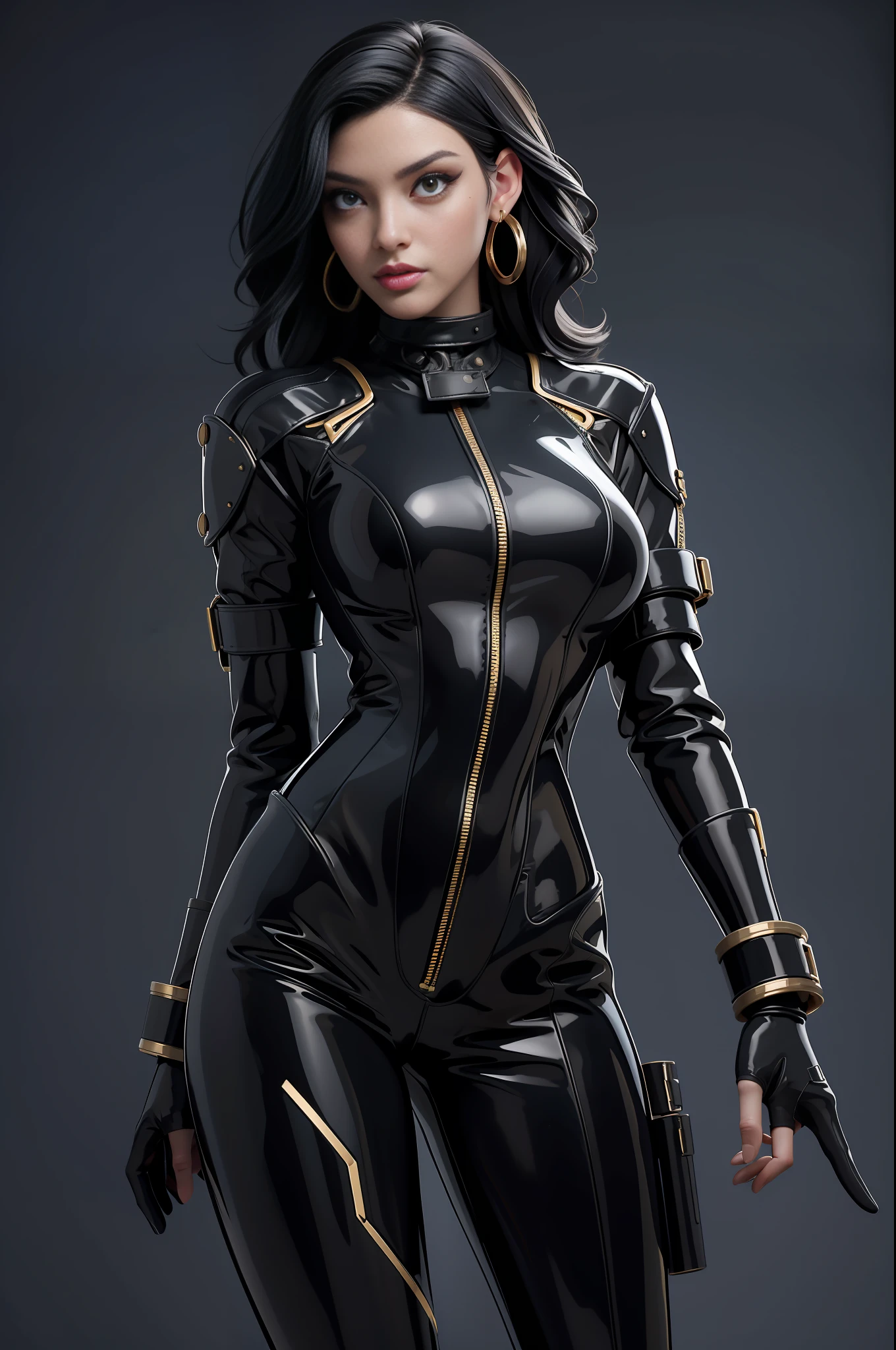 portrait picture Unreal Engine 5 8K UHD of beautiful female, black short wavy hair, black tight cybernetic latex catsuit with gold lace, two leather belts on hip, earrings, latex body straps, latex long sock, latex long glove, arm cuffs and leg cuffs, cyberpunk world, futuristic design, beautiful make up, best quality, masterpiece