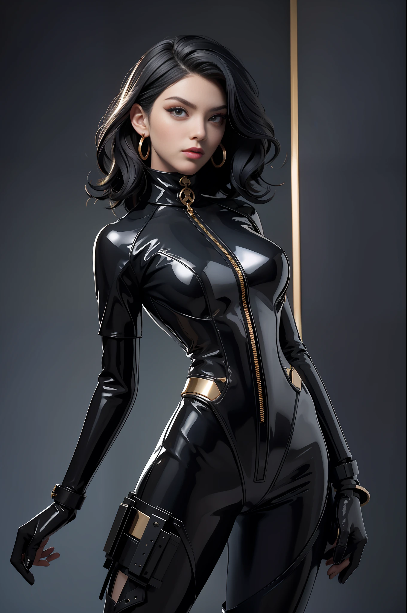portrait picture Unreal Engine 5 8K UHD of beautiful female, black short wavy hair, black tight cybernetic latex catsuit with gold lace, two leather belts on hip, earrings, latex body straps, latex long sock, latex long glove, arm cuffs and leg cuffs, cyberpunk world, futuristic design, beautiful make up, best quality, masterpiece