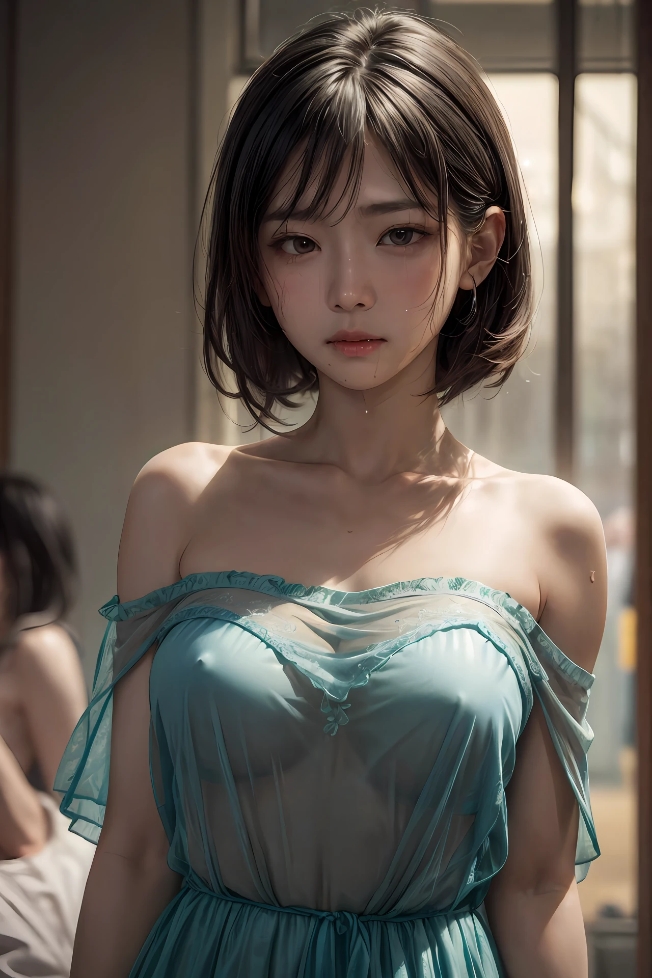 (best quality), (masterpiece), (highres), original, extremely detailed 8K wallpaper, (an extremely delicate), Best quality, masterpiece, (((disgusted and unhappy expression))), (((disgusted face, unhappy face))), Frown, ultra high res, (photorealistic:1.4), raw photo, street photography, photo of a Taiwanese young girl, She play with her own breasts, sweat, sweaty body, (sheer fabric:1.25)(loose:1.5)lace strapless dress, (((big)saggy breasts)), (bare breasts), (((erect nipple))), ((areolas)), (Korean(kpop idol)), ((puffy eyes)), deep shadow, low key, cold light, deep contrast, bokeh, depth of field, below angle, low angle, (looking at viewer, softly smiling), a photo of a inside a subway, neoism, background crowds, people in backgrounds, ((upper body)), ((straight photo)), exposure blend, medium shot, bokeh, (hdr:1.4), high contrast, (cinematic, teal and orange:0.85), (muted colors, soothing tones:1.3), low saturation, (hyperdetailed:1.2), (nsfw:1.07),