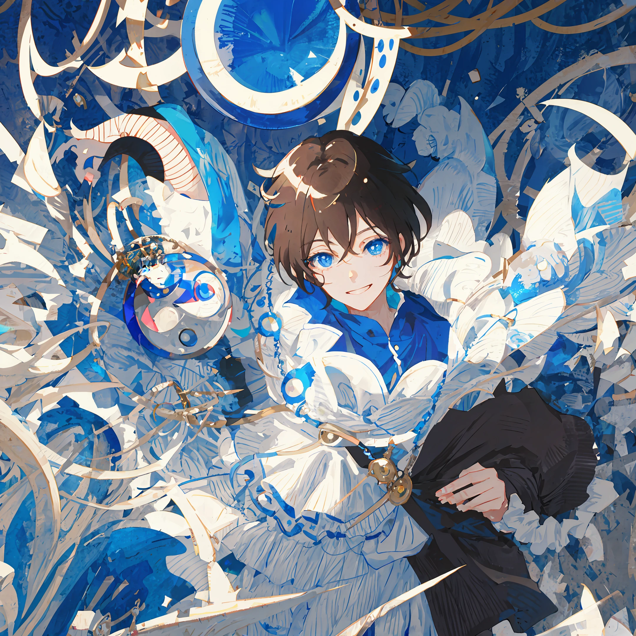 Brunette hair, boy, blue eyes thick painted anime white dress costume cape, mysterious monocle top hat, magician, monster thief Kidd, smile