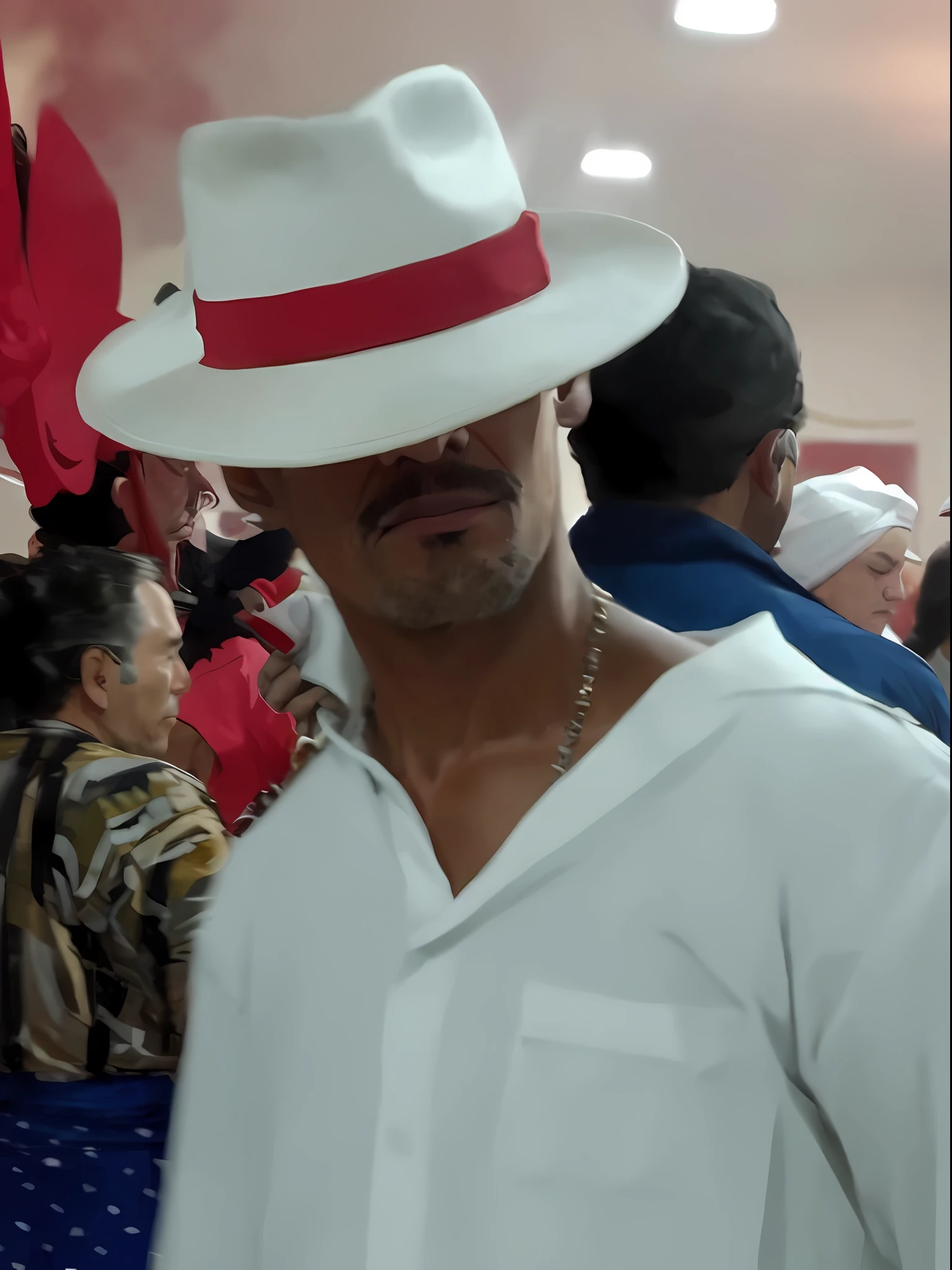 It has a man in a white hat and a red band around his neck, he has red hat, hat, handsome man, handsome man,