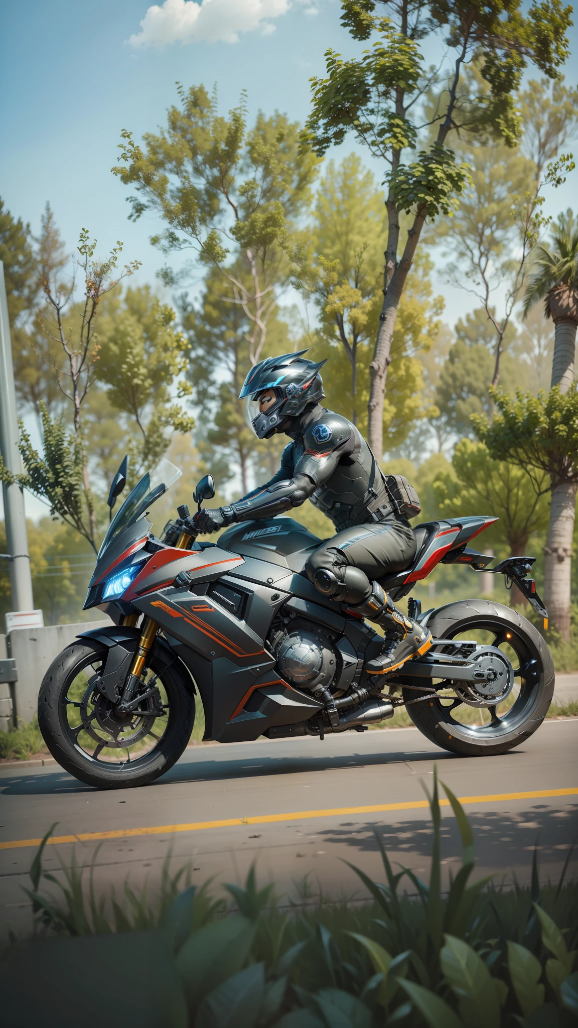 Cyber Warrior & Cybertech Mechanical Motorcycle, Mighty Male Warrior, Nousr, Biomechanics, MSHN Robot Man, Cybertech Full Surround Helmet, Surreal, Steel, Intricate Design, Crazy Detail, Fine Detail, Extremely Clear Lines, Cinematic Lighting, Photo Realistic, Detailed Masterpiece