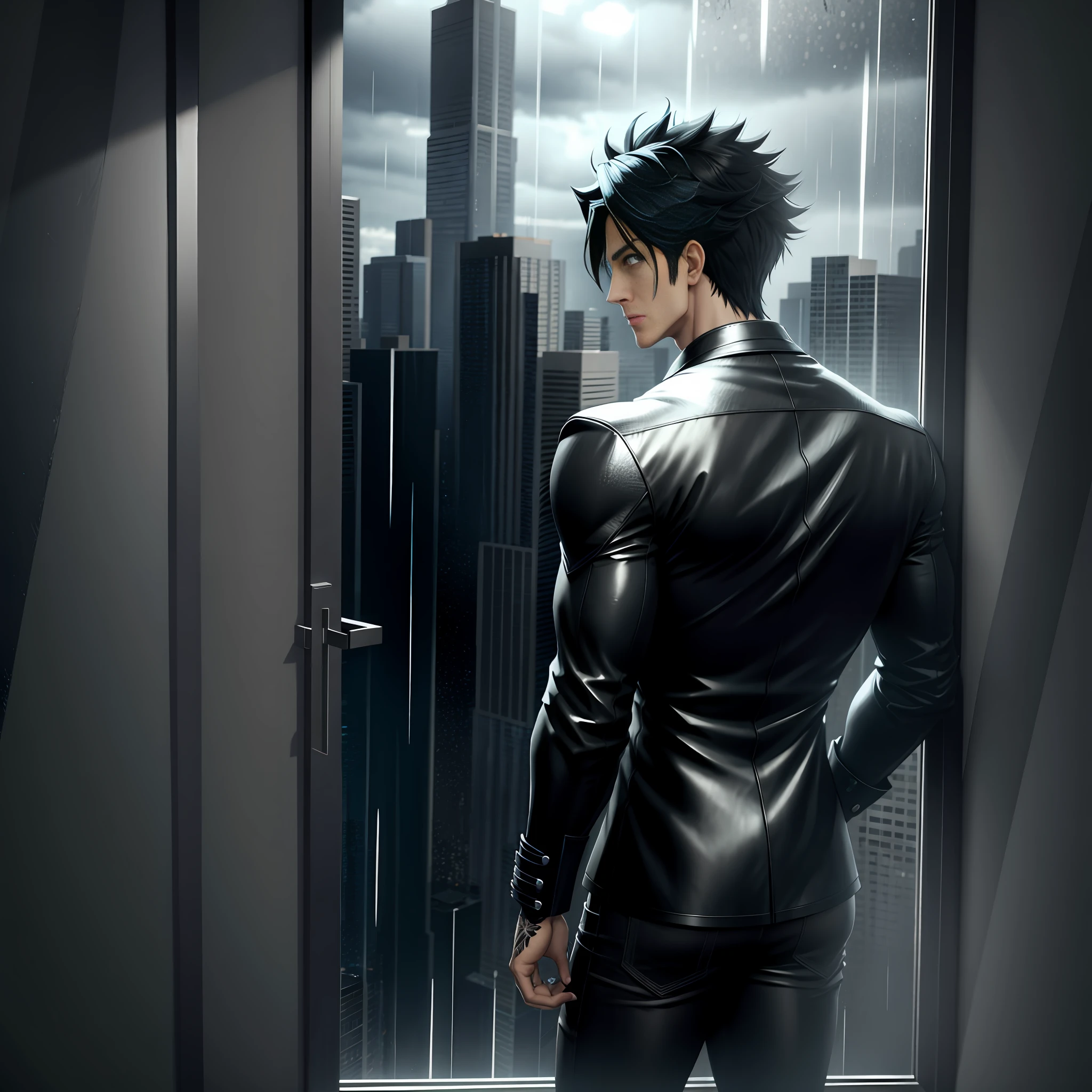 3D, urban room, rainstorm weather, 4K manga wallpaper, 4K anime wallpaper, anime concept HDR anime McManus, anime handsome guy, anime beauty, inspired by Masanobu Okumura, handsome guy in demon killer art, anime realism style, anime art wallpaper 4k, anime art wallpaper 4k dim light, man leaning against the window, looking out the window with his back to the camera