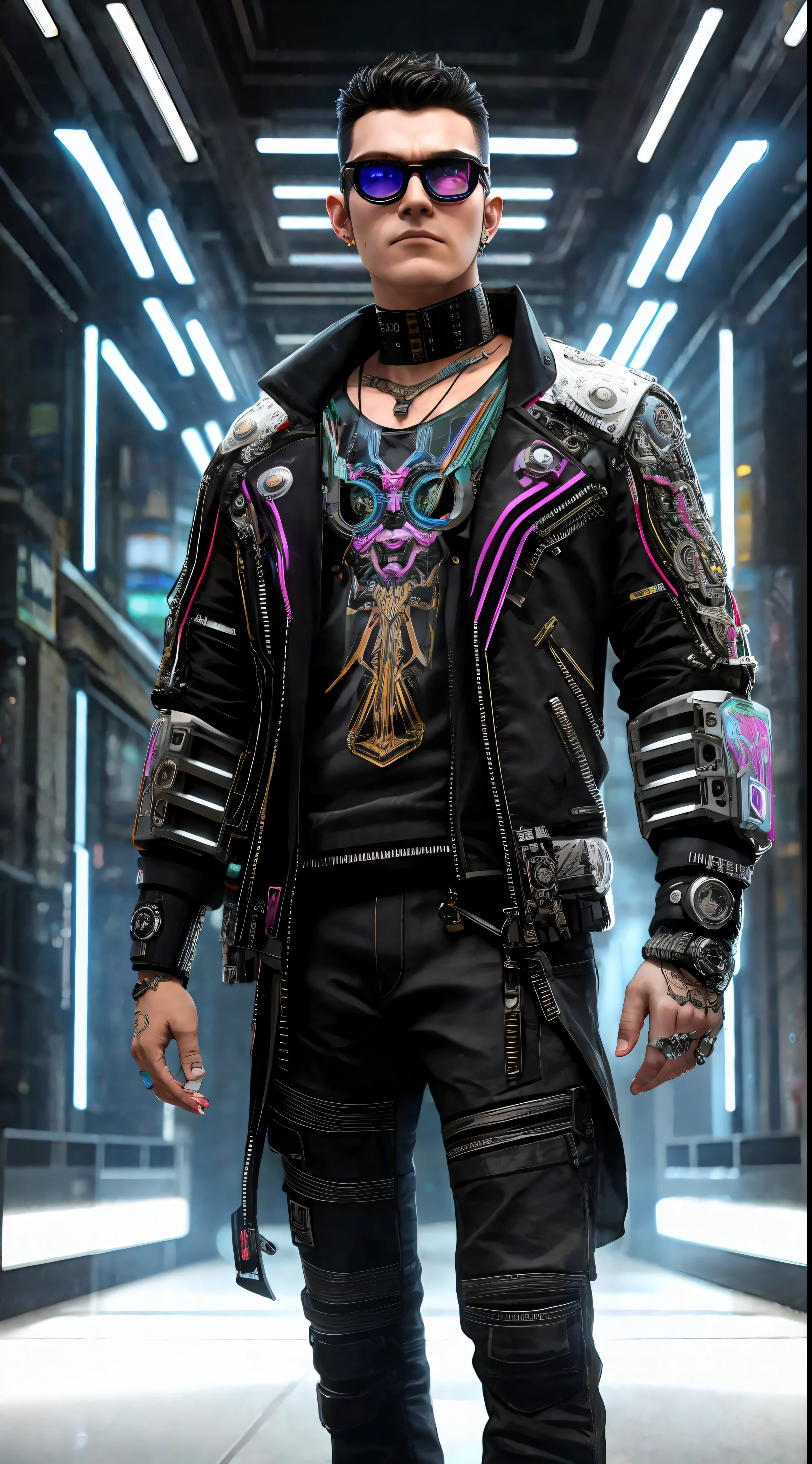 Complex 3d rendering ultra-detailed cyberpunk style, simulating 150mm shot, neon skin lines, colorful details, piercings, Art Nouveau fashion embroidery, intricate details, facial muscles, microchip, surreal, ultra-detailed, octane rendering, robotic arm, mechanical, half rim glasses, short hair, male, man, standing frontal, white jacket, cinematic light effects, middle-aged, 35 years old, round face