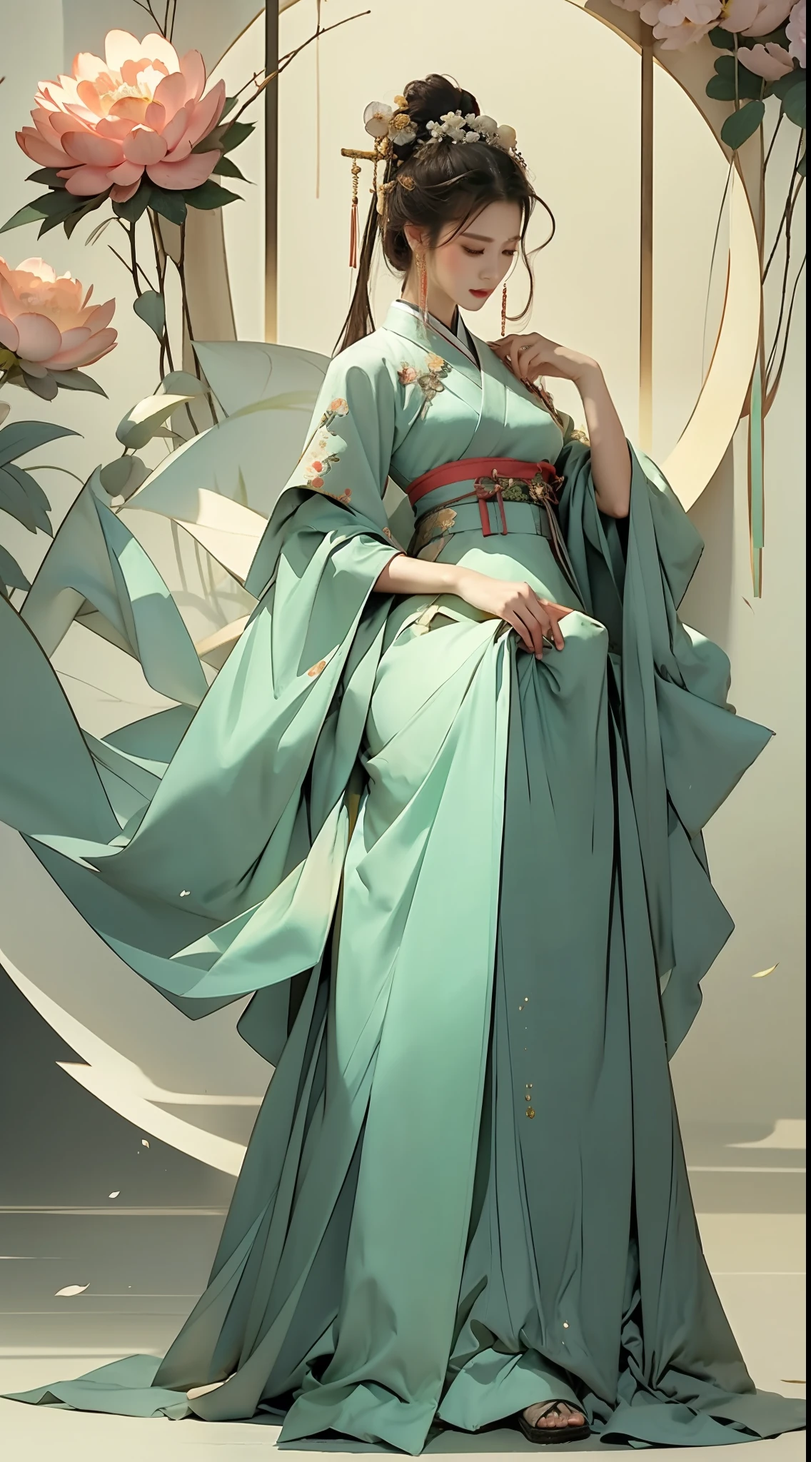 A beautiful ancient Chinese woman, full body, willow leaf eyebrows, melancholy eyes, wearing peony hair ornaments, wearing Hanfu long skirt, beautiful details, rich light and shadow, perfect art, white background, masterpiece, super detailed, epic composition, super HD, high quality, highest quality, 16k