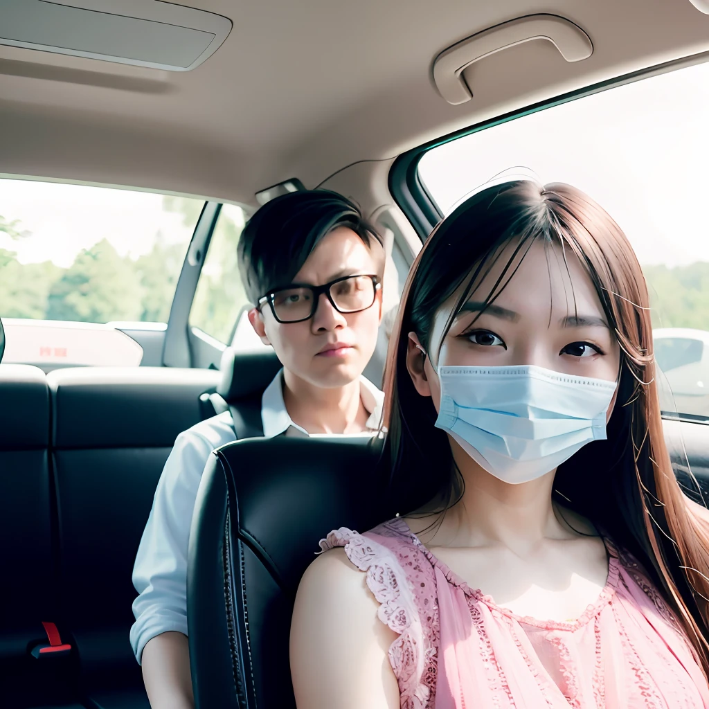 there are two people in a car with a face mask on, lovely couple, ruan jia and fenghua zhong, 8k selfie photograph, 😭🤮 💔, zmonzheng, li zixin, 8k)), with glasses, couple, yanjun chengt, with her long, 🚿🗝📝, wearing transparent glass mask