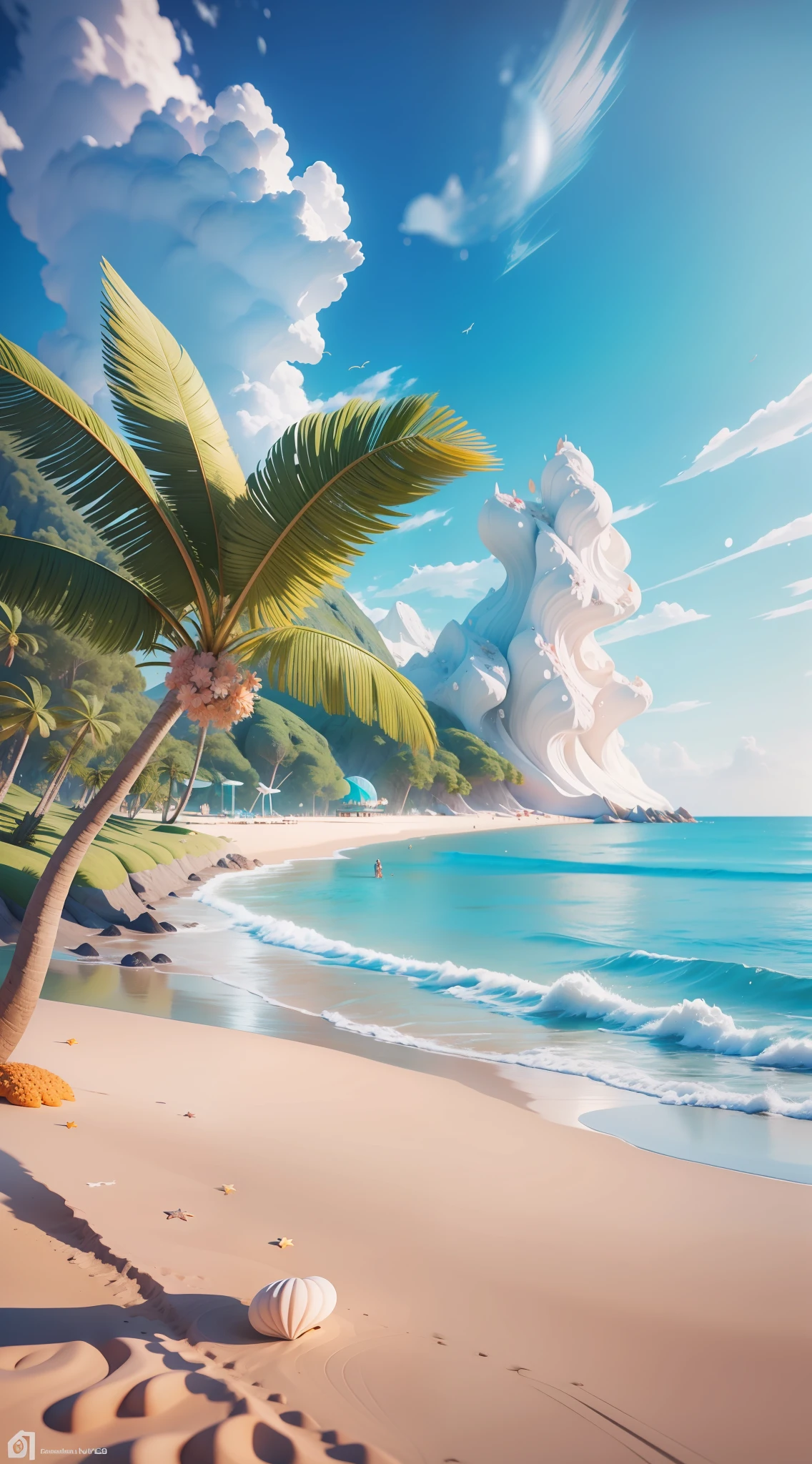 Beach Ocean, Seashells, Starfish, Summer Freshness, 3 D Render Stylized, Stylized 3D Rendering, Stylized to 3D Rendering, Rolands Zilvinski 3D Rendered Art, 3D Stylized Scenes, Relaxation Concept Art, Stylized Concept Art, (Octane Rendering) Fantasy Style, Stylized 3 D