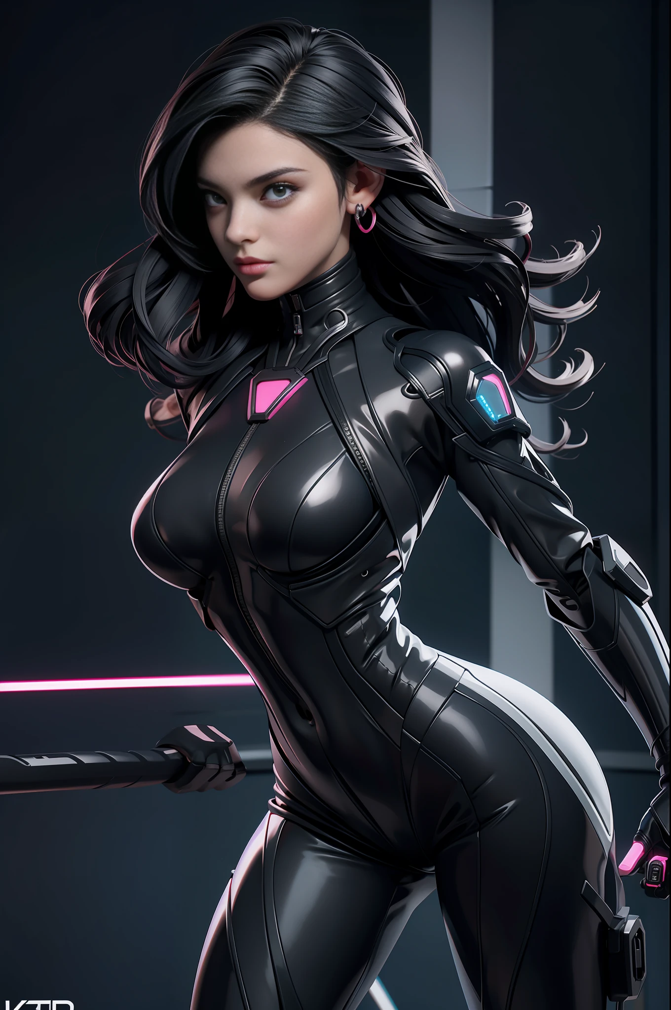 portrait picture Unreal Engine 5 8K UHD of beautiful female, black short wavy hair, black and white tight cybernetic latex catsuit, battle suit with futuristic technologies, cybernetic half face mask, earrings, latex body straps, cybernetic long heel, cybernetic long glove, arm cuffs and leg cuffs, cyberpunk world, futuristic design, magenta neon lights details, beautiful make up, best quality, masterpiece