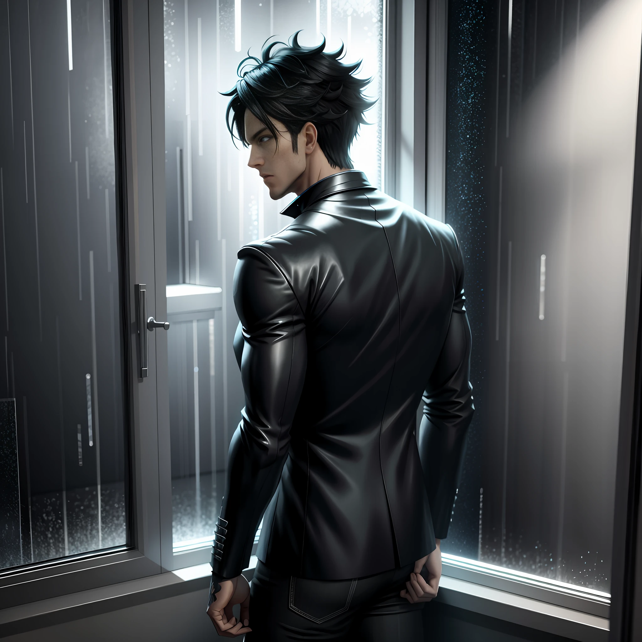 3D, urban room, rainstorm weather, 4K manga wallpaper, 4K anime wallpaper, anime concept HDR anime McManus, anime handsome guy, anime beauty, inspired by Masanobu Okumura, handsome guy in demon killer art, anime realism style, anime art wallpaper 4k, anime art wallpaper 4k dim light, man leaning against the window, looking out the window with his back to the camera