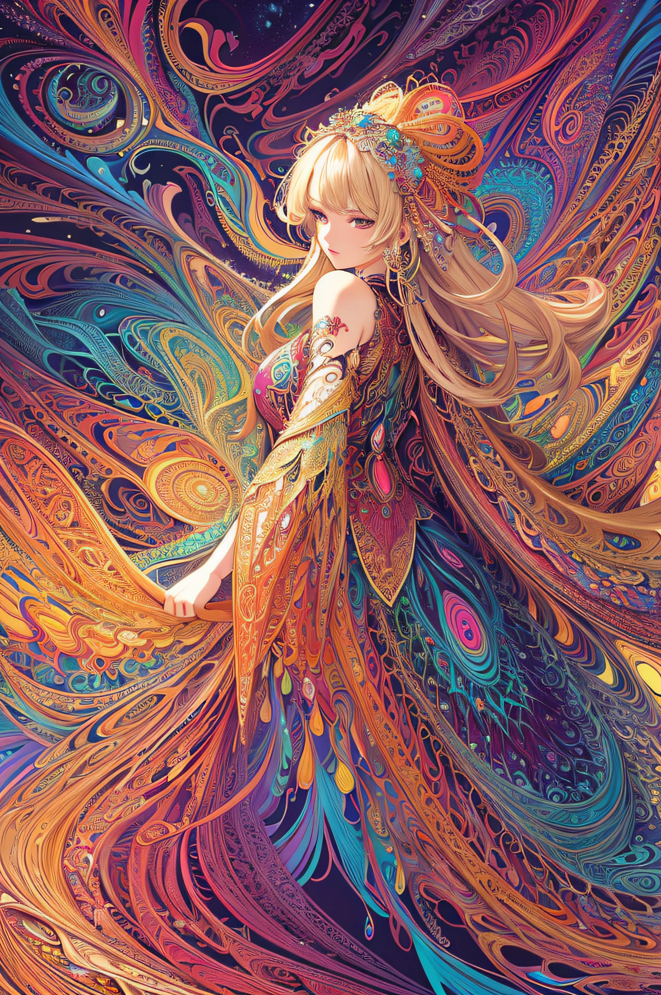 (masterpiece, top quality, best quality, official art, beautiful and aesthetic:1.2), (1girl:1.3), extremely detailed,(fractal art:1.2),colorful,highest detailed,(zentangle:1.2), (dynamic pose), (abstract background:1.5), (treditional dress:1.2), (shiny skin), (many colors:1.4), upper body
