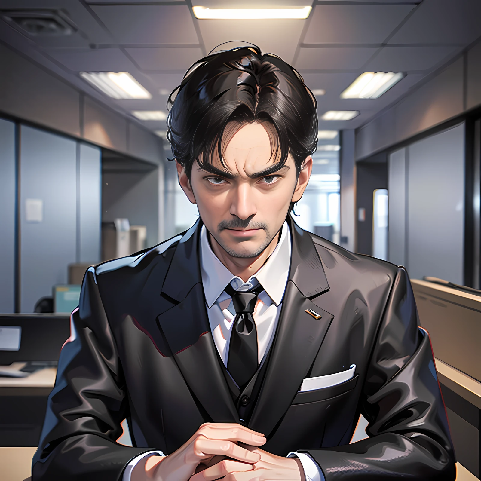 In the office, there is a middle-aged man, very angry, short black hair, wearing a black suit, super detailed, 4k, super detailed,