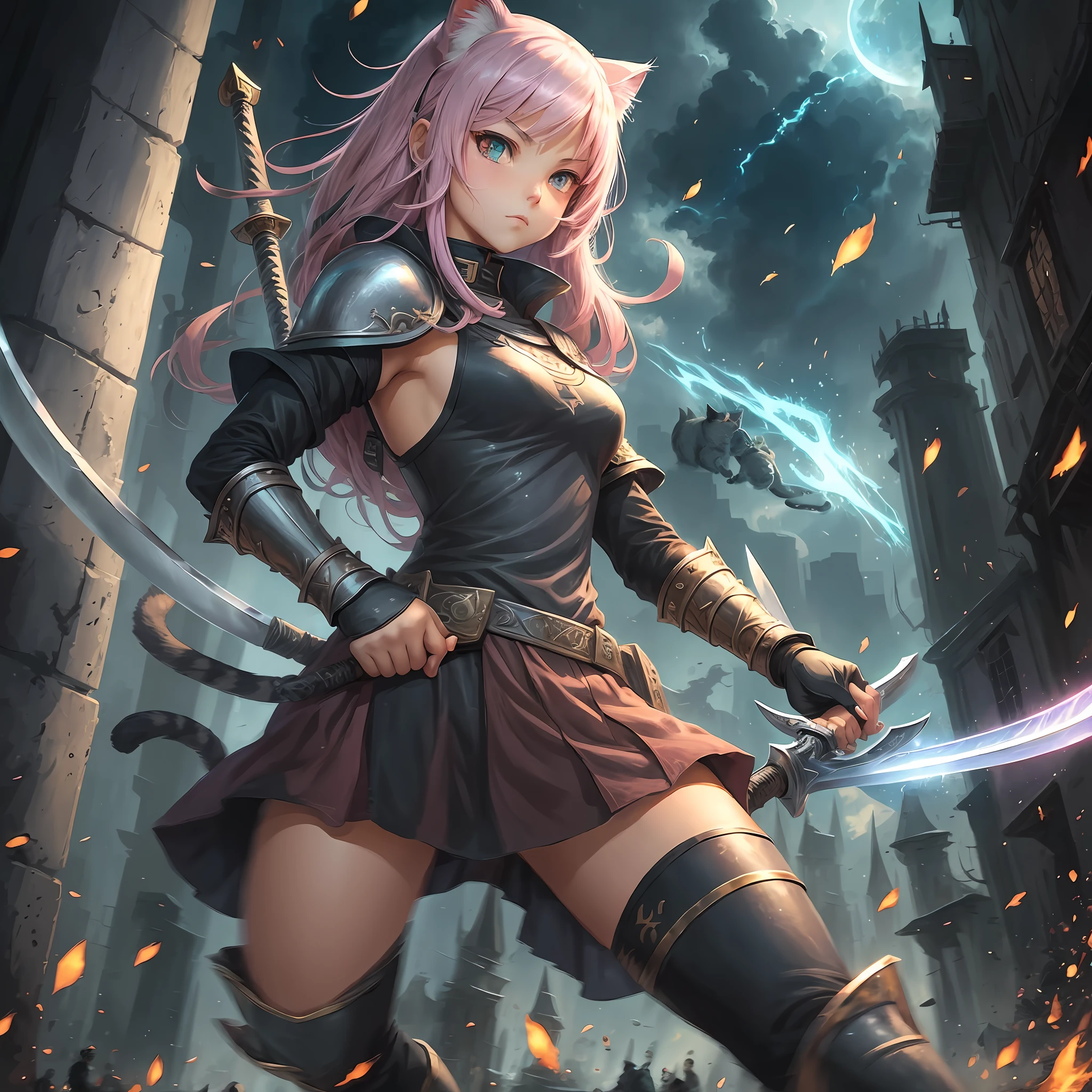 Young Cat girl, young girl holding a claymore, cat, girl, claymore, young, holding, sword, weapon, feline, kitten, warrior, fierce, confident, powerful, determined, cute, playful, agile, swift, energetic, adventurous, curious, vibrant, colorful, action, fantasy, anime, manga, art, illustration, painting --auto --s2